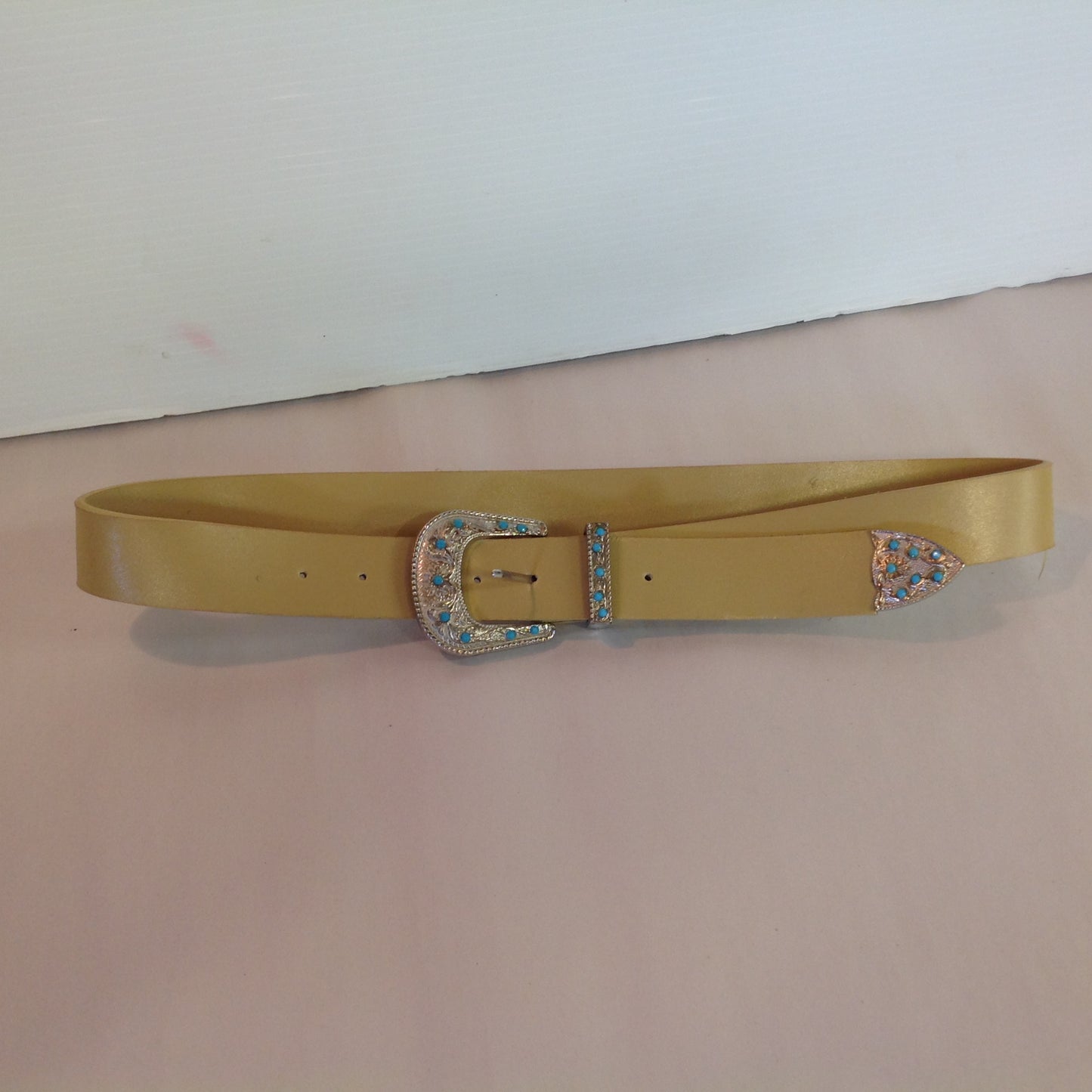 Vintage Light Tan Faux Leather Chromed Buckle Turquoise Rhinestone Accent Women's X/L Belt 14