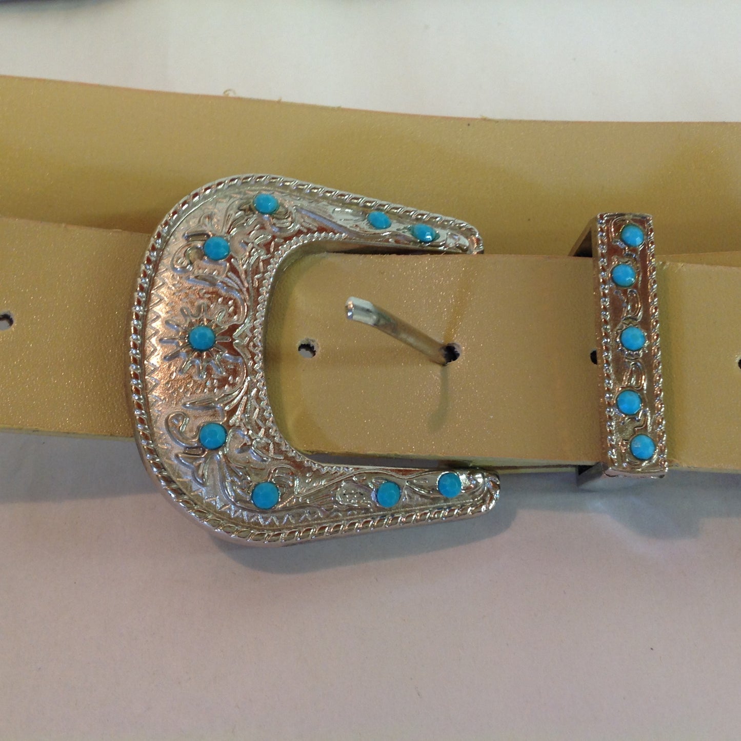 Vintage Light Tan Faux Leather Chromed Buckle Turquoise Rhinestone Accent Women's X/L Belt 14