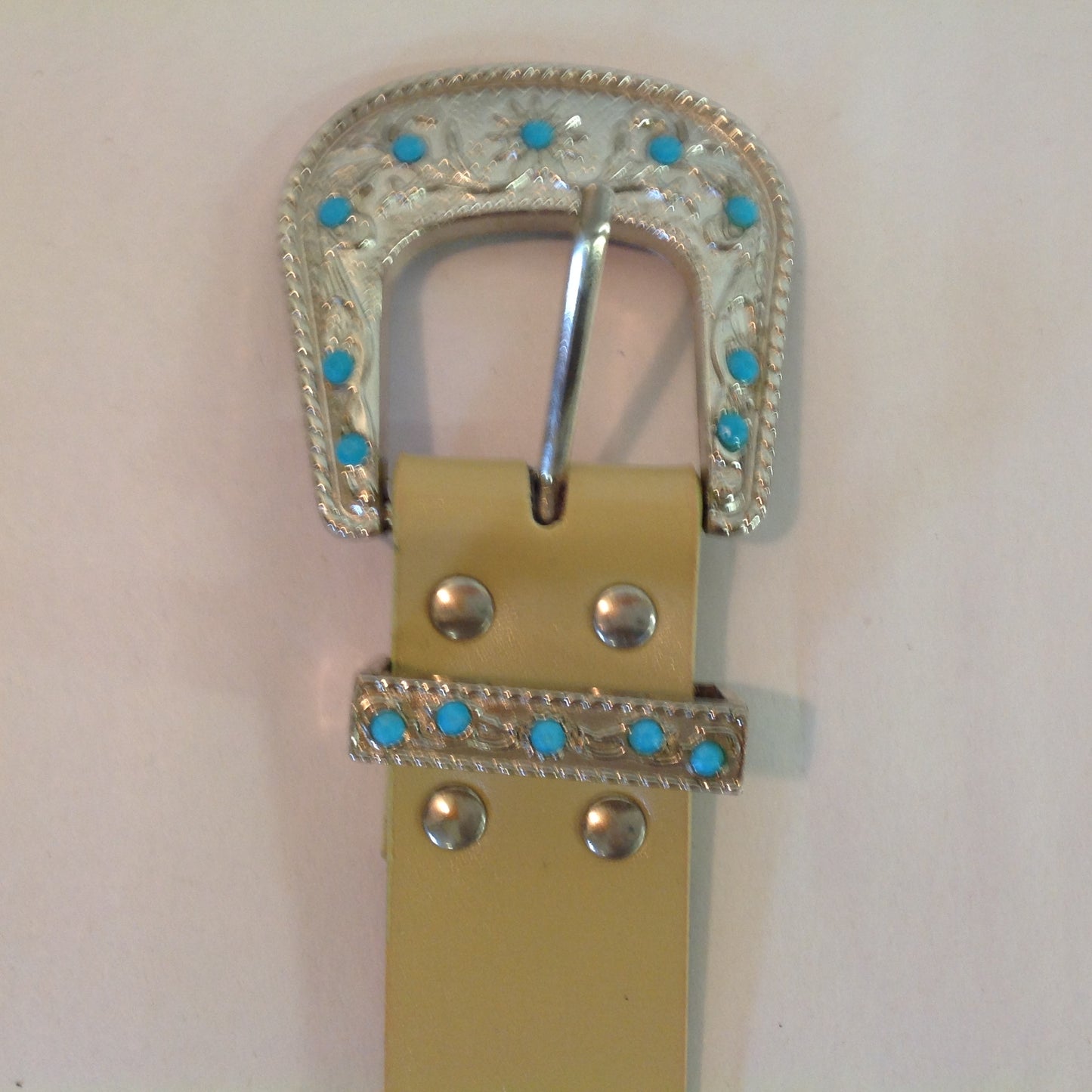 Vintage Light Tan Faux Leather Chromed Buckle Turquoise Rhinestone Accent Women's X/L Belt 14
