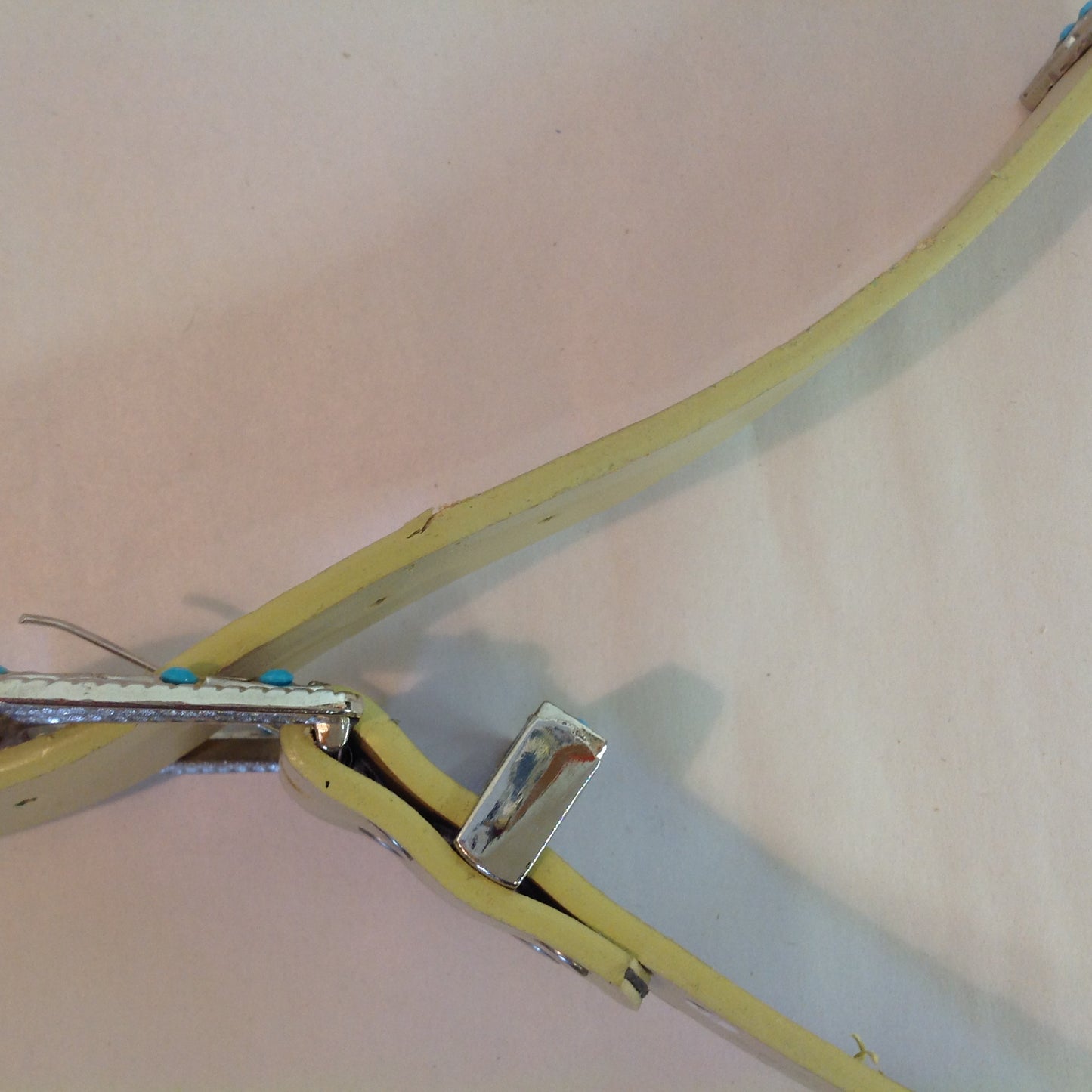 Vintage Light Tan Faux Leather Chromed Buckle Turquoise Rhinestone Accent Women's X/L Belt 14