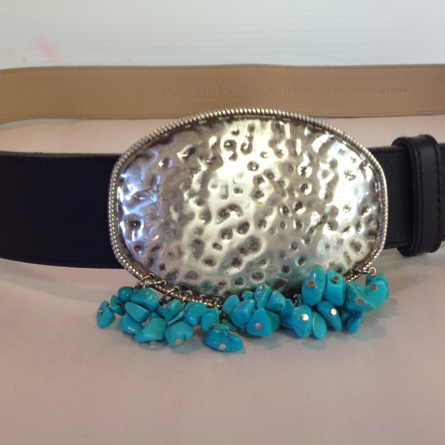 Women's 2XL Coldwater Creek Black Leather Belt Hammered Metal Buckle with Faux Turquoise Dangle Beading 15