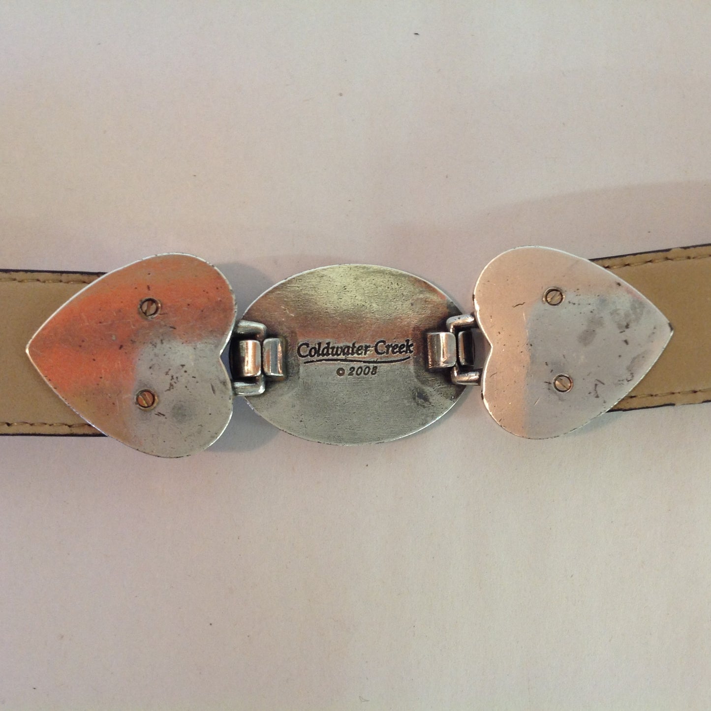 2008 Coldwater Creek Women's L/XL Black Leather Belt Metal Hearts Motif Abstract Geometric Link Hoop Hook Closure 16