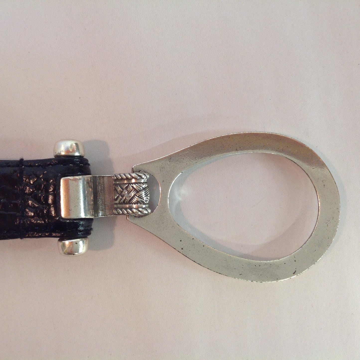 2008 Coldwater Creek Women's L/XL Black Leather Belt Metal Hearts Motif Abstract Geometric Link Hoop Hook Closure 16