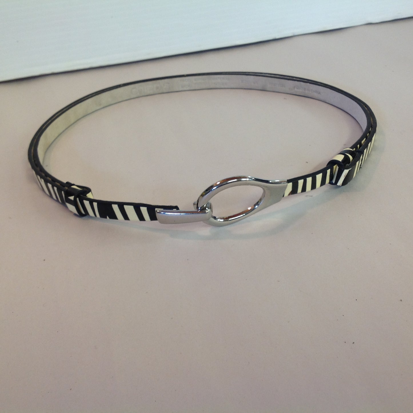 Vintage Chico's Women's M/L Leather Zebra Print Metal Hook and Hoop Belt 21