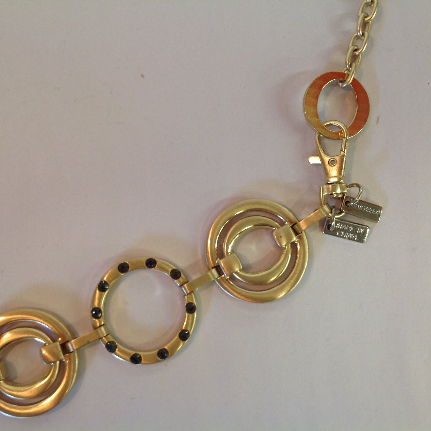 Chico's Gold Tone Chain Concentric Circles Black Rhinestone Western Look Belt 24