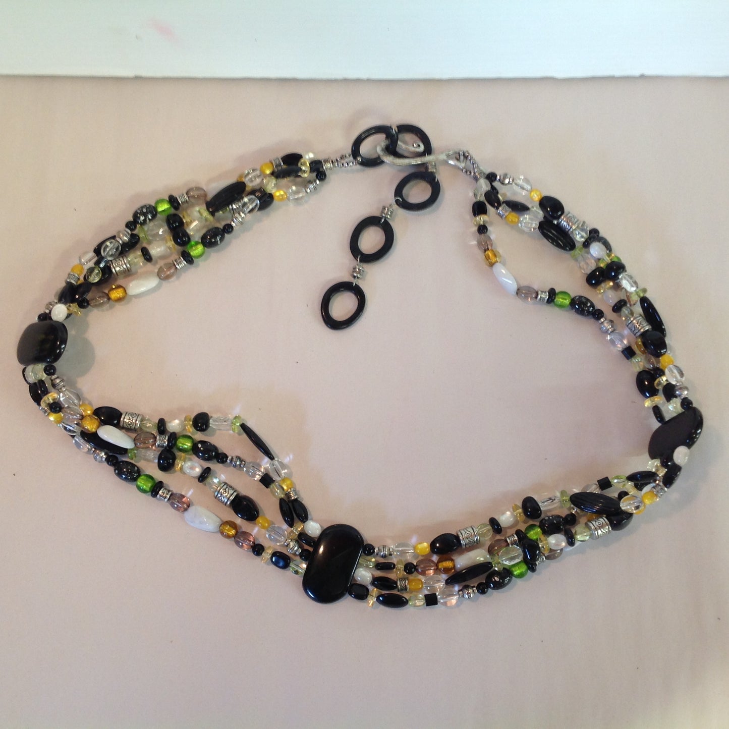 Vintage Coldwater Creek Plastic and Metal Four Strand Beaded Green Black Yellow Women's Belt 26
