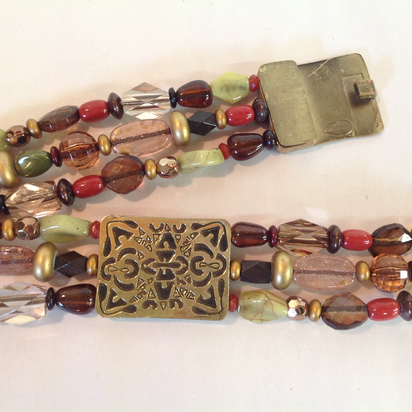 Coldwater Creek Women's L/XL Autumn Palette Multicolor Three Strand Bead and Bronze Block Kira Stretch Belt with Tags 28