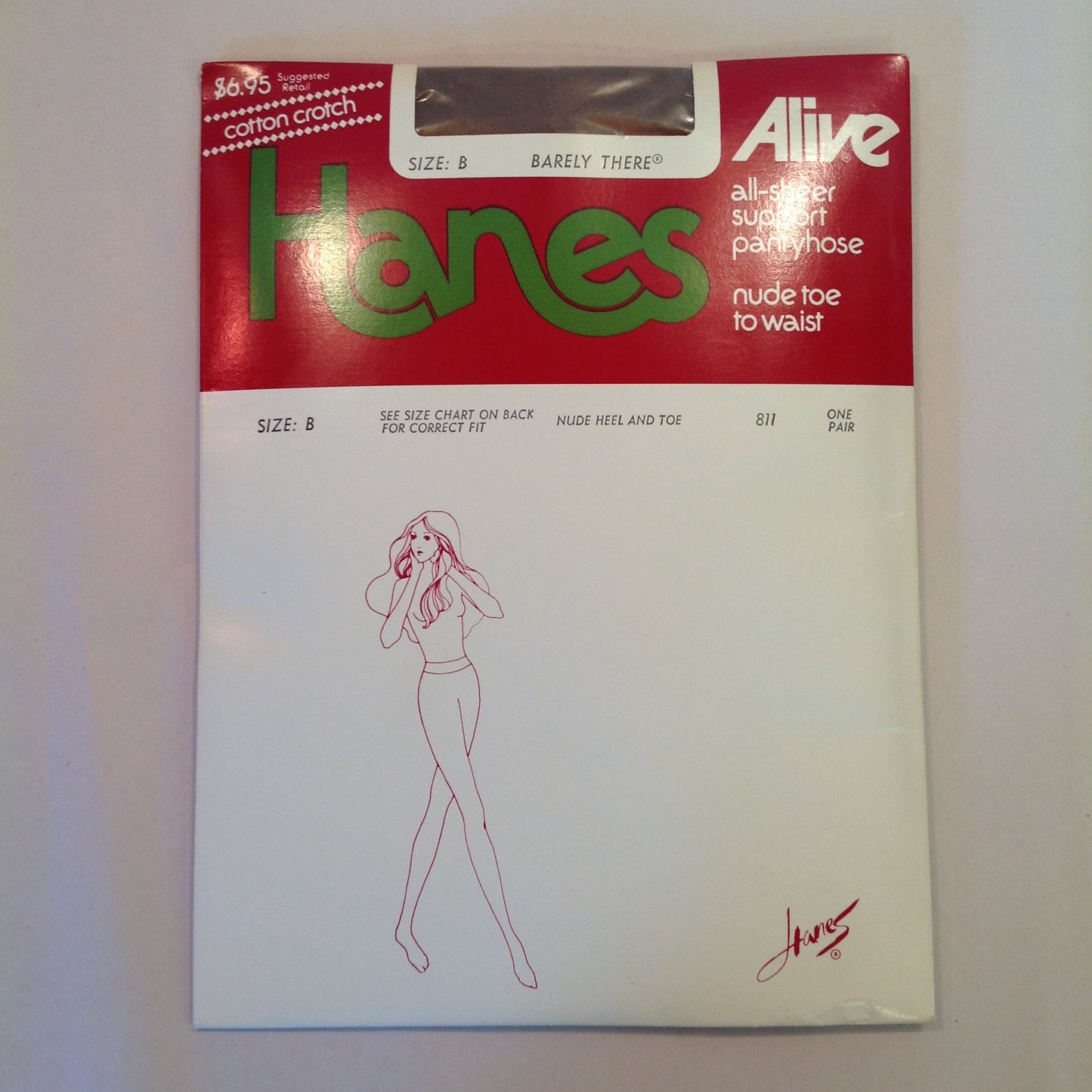Vintage 1982 NOS Hanes Alive All-Sheer Support Pantyhose Nude Toe to Waist Barely There Size B