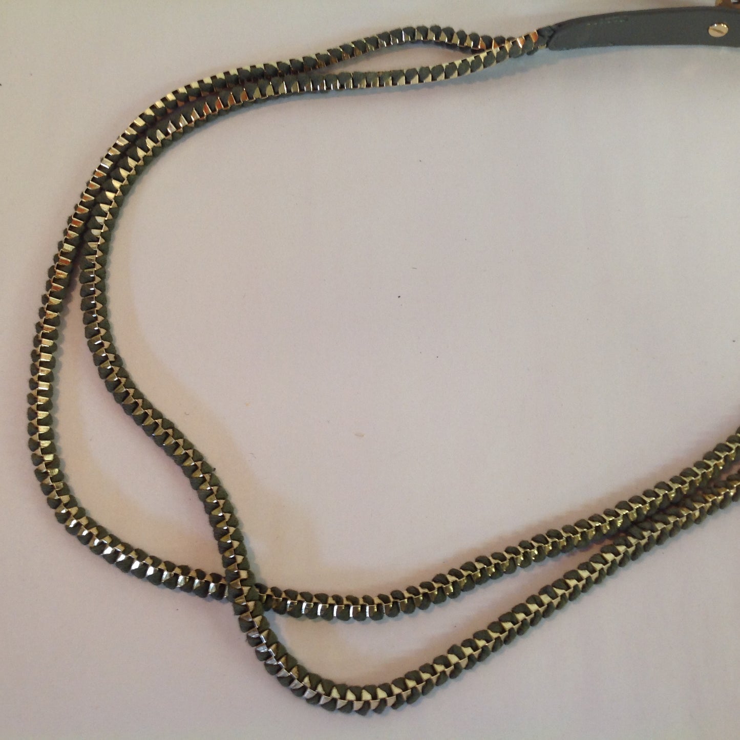 Vintage Women's Olive Green Gold Tone Two Strand Zipper Teeth Enmeshed Snap Closure Belt 32