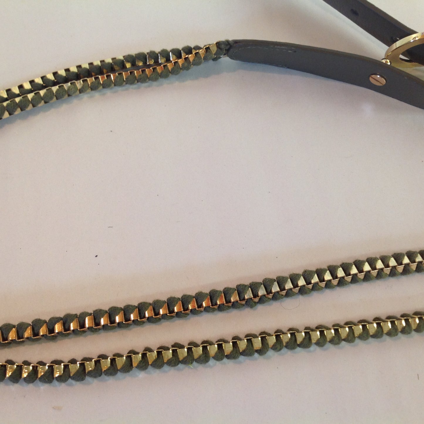 Vintage Women's Olive Green Gold Tone Two Strand Zipper Teeth Enmeshed Snap Closure Belt 32