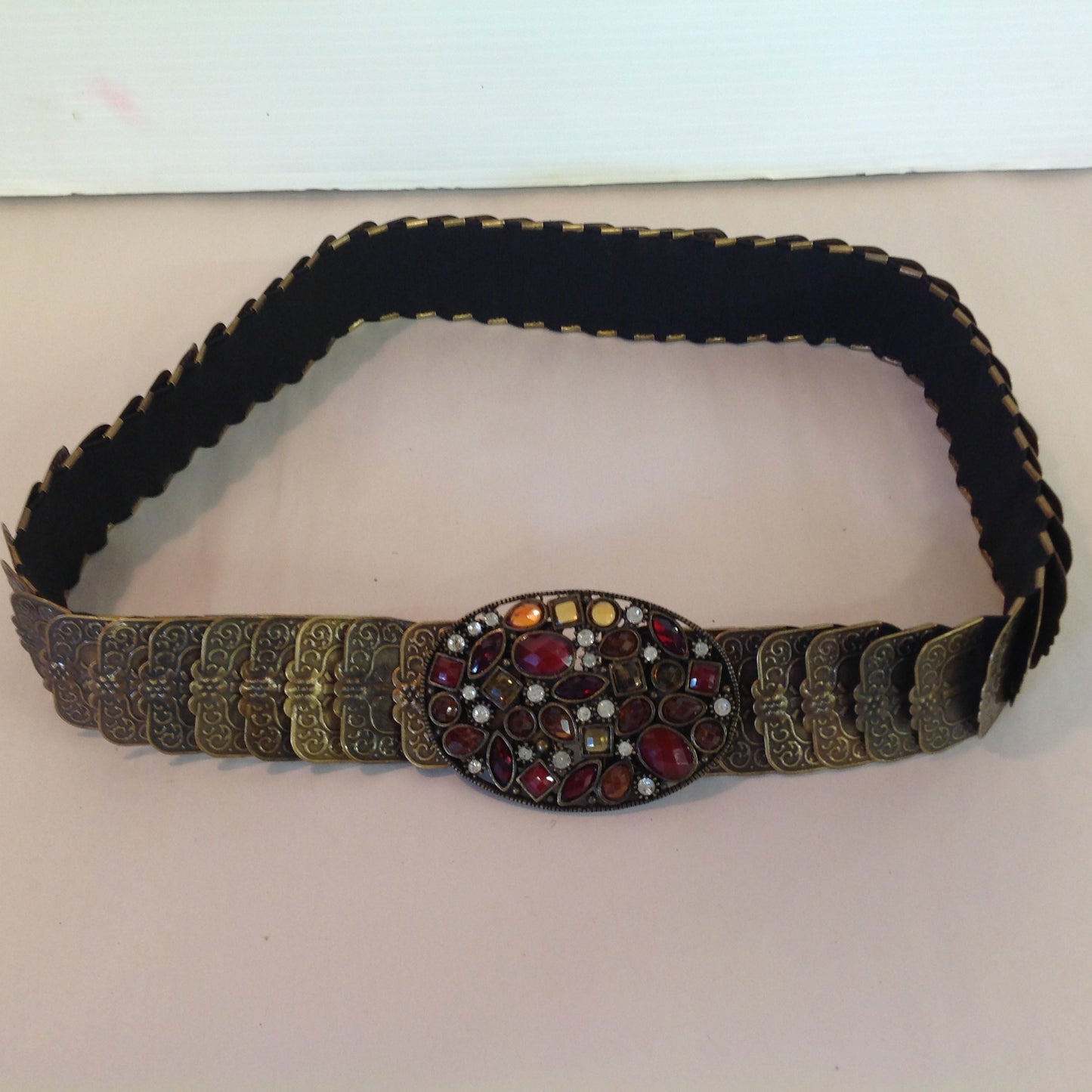 Vintage Women's Stretch Belt Reticulated Bronze Filigree Massive Red Orange Gold White Rhinestone Buckle 33
