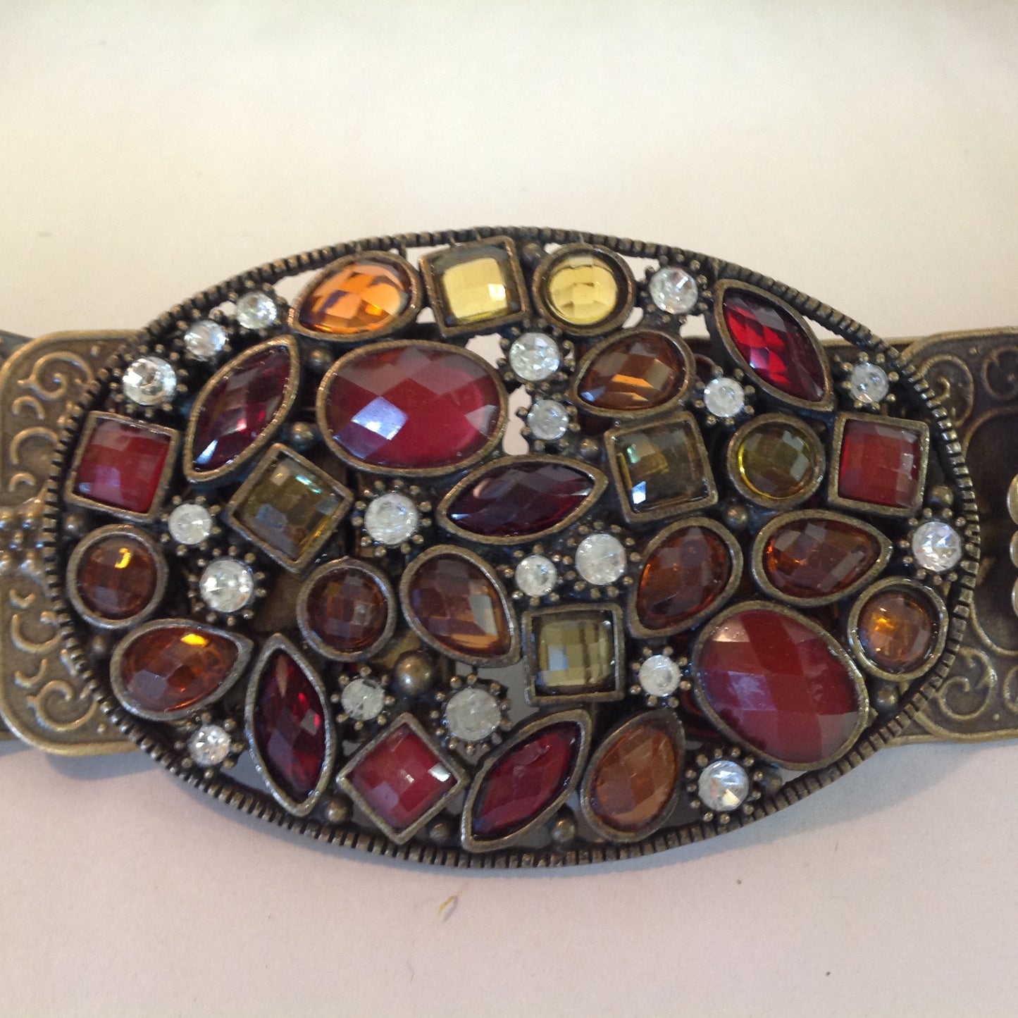 Vintage Women's Stretch Belt Reticulated Bronze Filigree Massive Red Orange Gold White Rhinestone Buckle 33