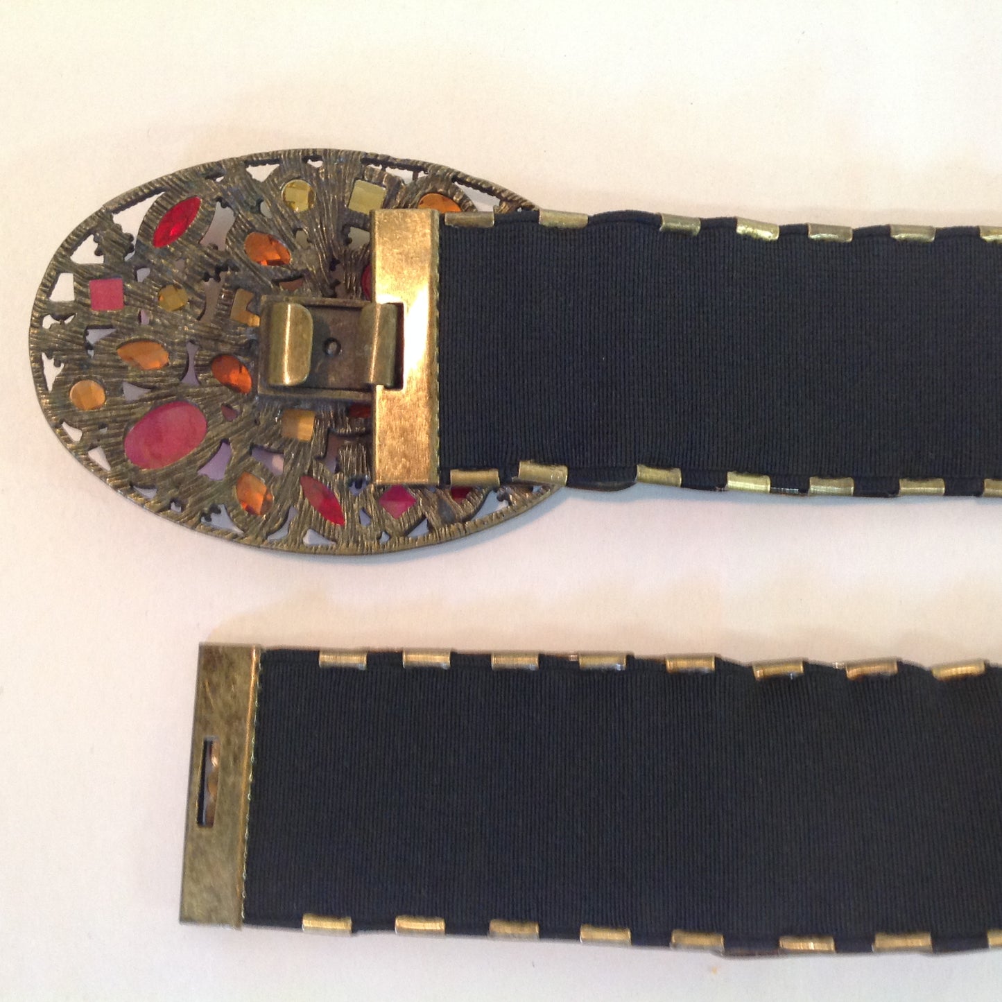 Vintage Women's Stretch Belt Reticulated Bronze Filigree Massive Red Orange Gold White Rhinestone Buckle 33