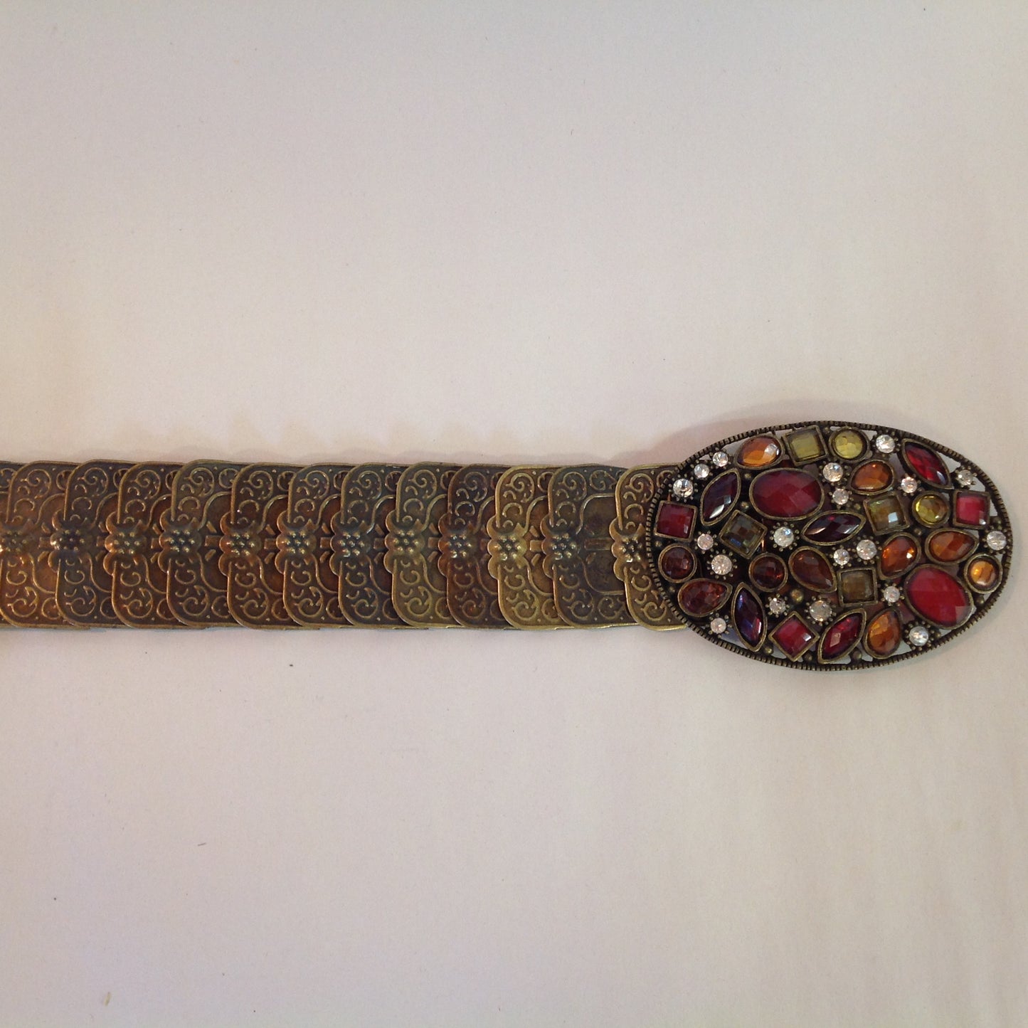 Vintage Women's Stretch Belt Reticulated Bronze Filigree Massive Red Orange Gold White Rhinestone Buckle 33