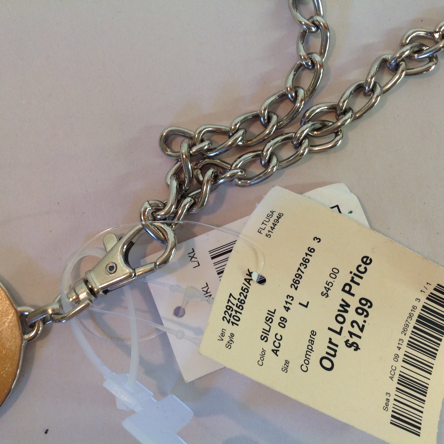 Anne Klein Women's L/XL Silvertone Metal Chain Belt Alternating Hoops AK Medallions New with Tags 36