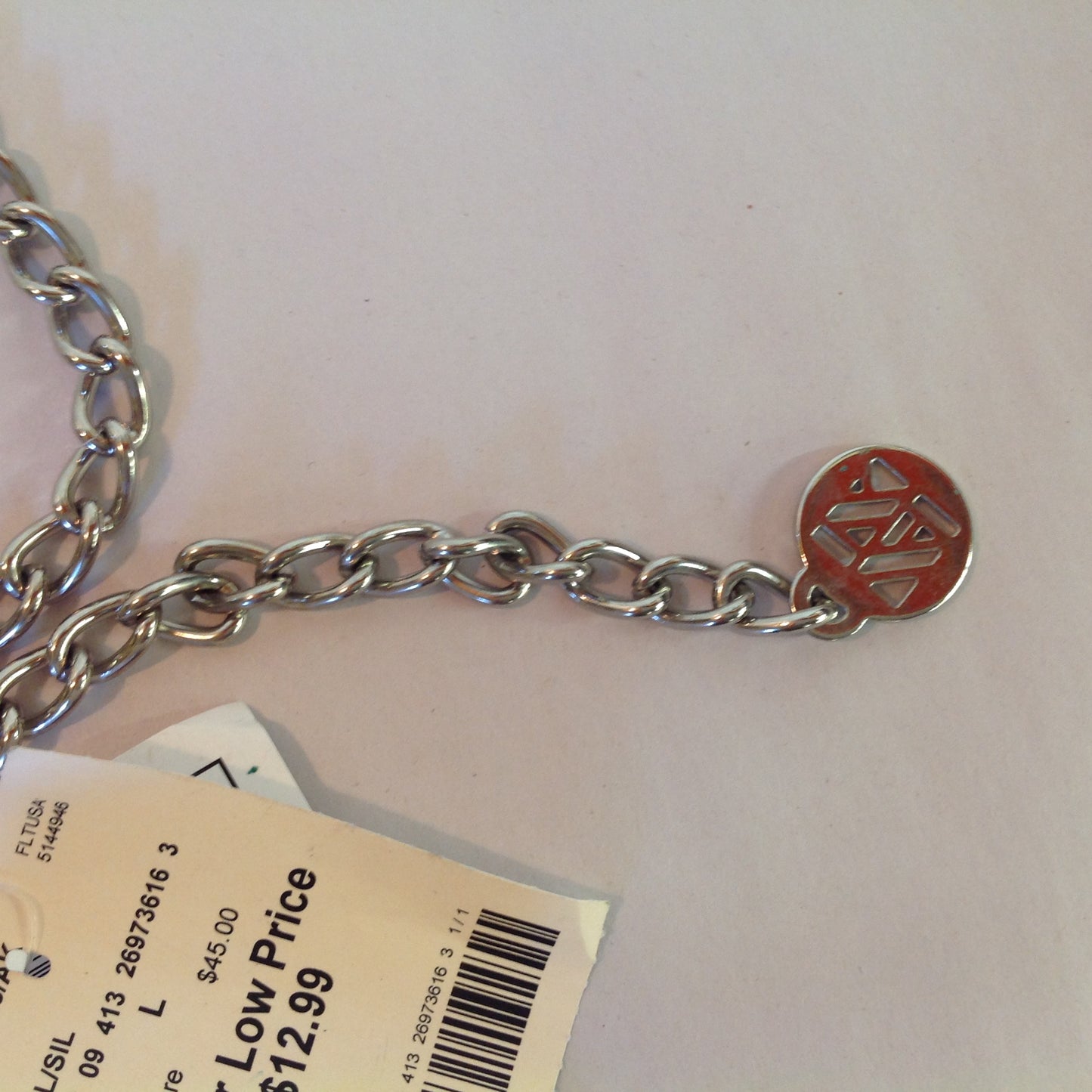 Anne Klein Women's L/XL Silvertone Metal Chain Belt Alternating Hoops AK Medallions New with Tags 36