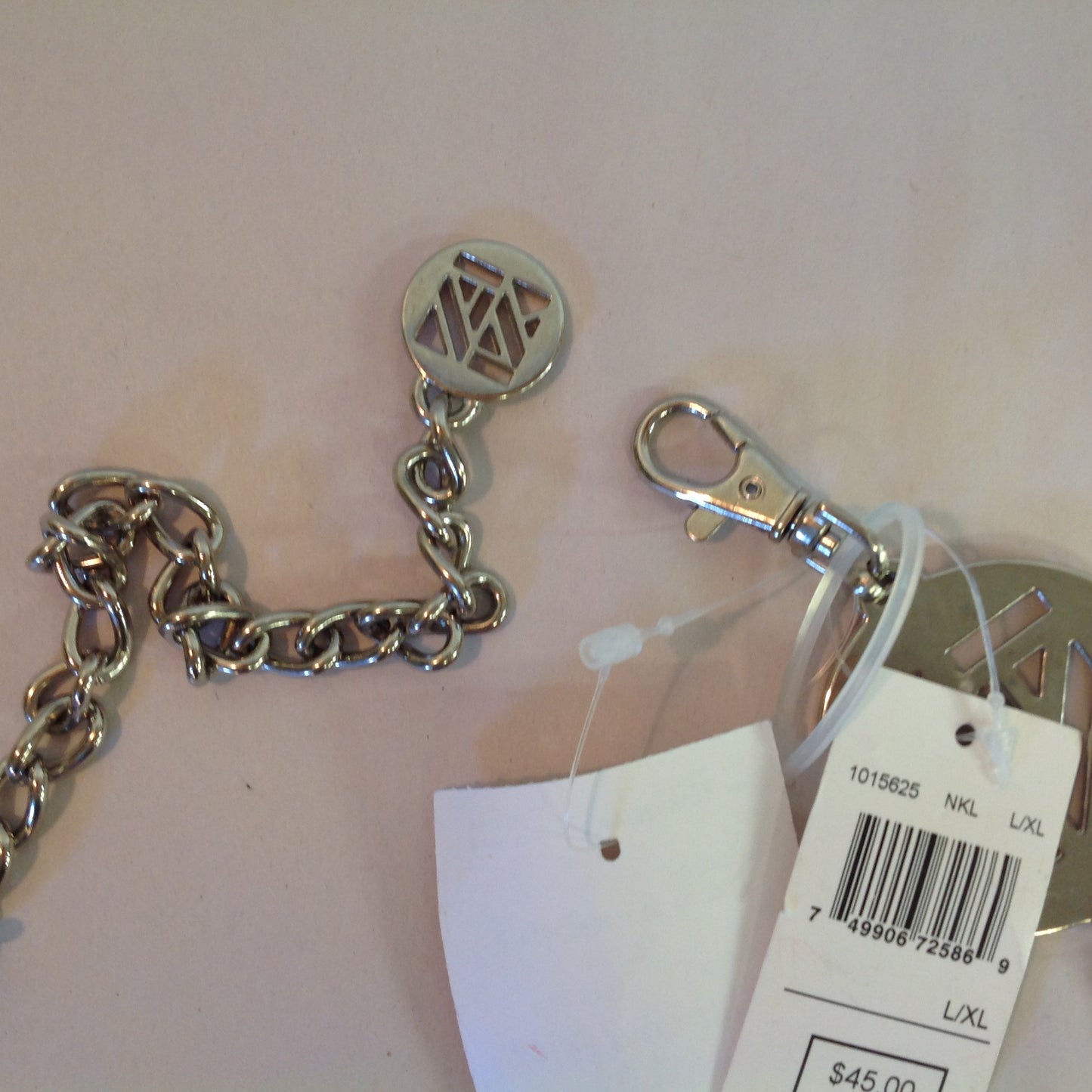 Anne Klein Women's L/XL Silvertone Metal Chain Belt Alternating Hoops AK Medallions New with Tags 36