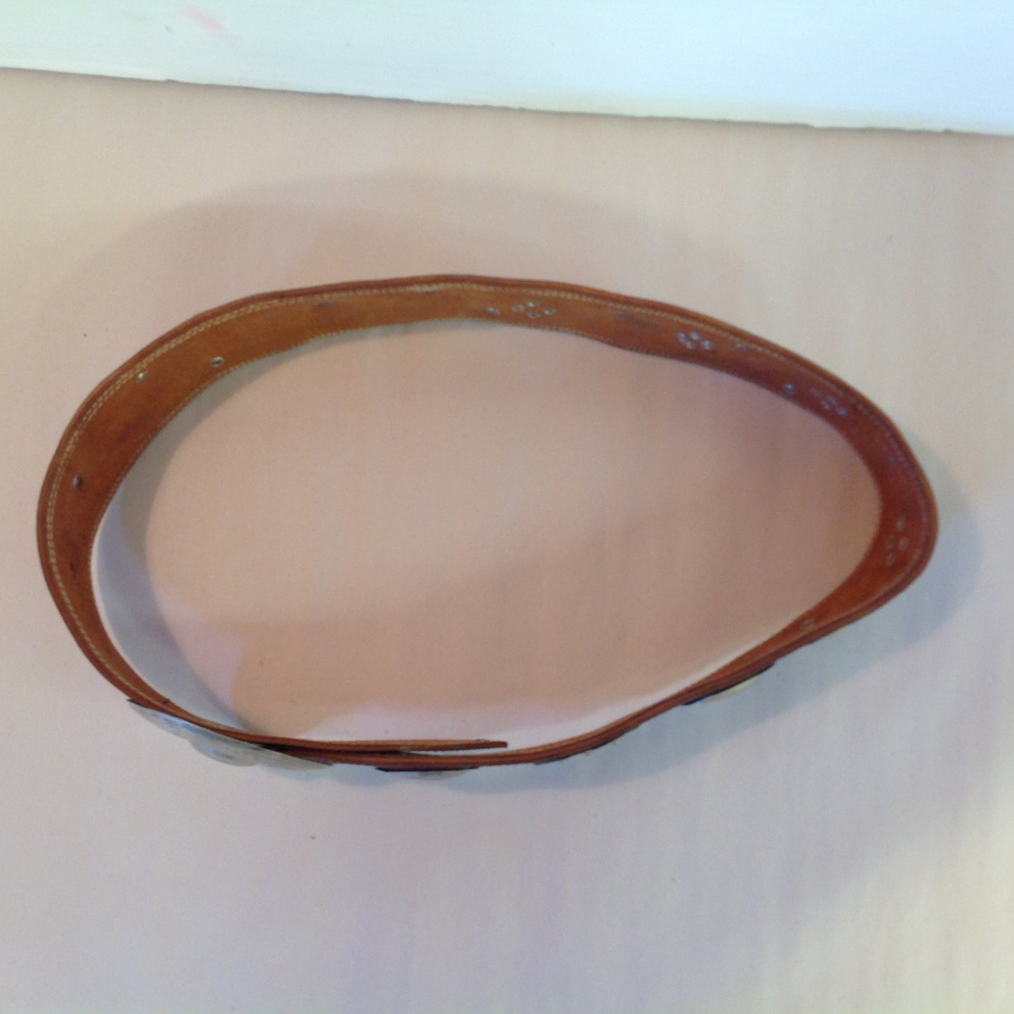 Vintage Tan Women's Oversize Belt Convex Metal Buckle Western Style Cloverleaf Circle Studs 38