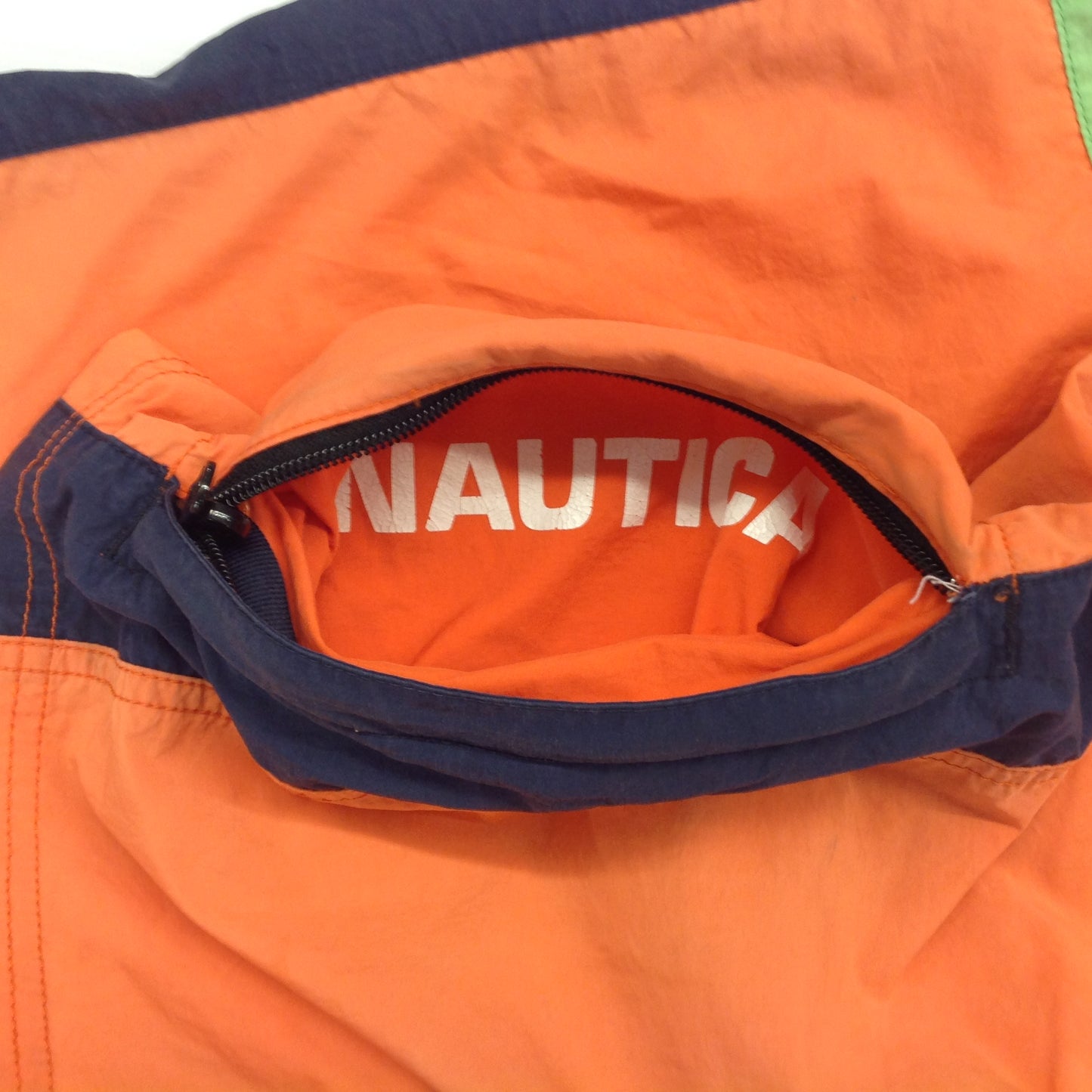 Vintage Nautica Men's Large Nylon Polyester Bathing Suit Swim Trunks Board Shorts Orange Neon Green Navy Blue Blocks