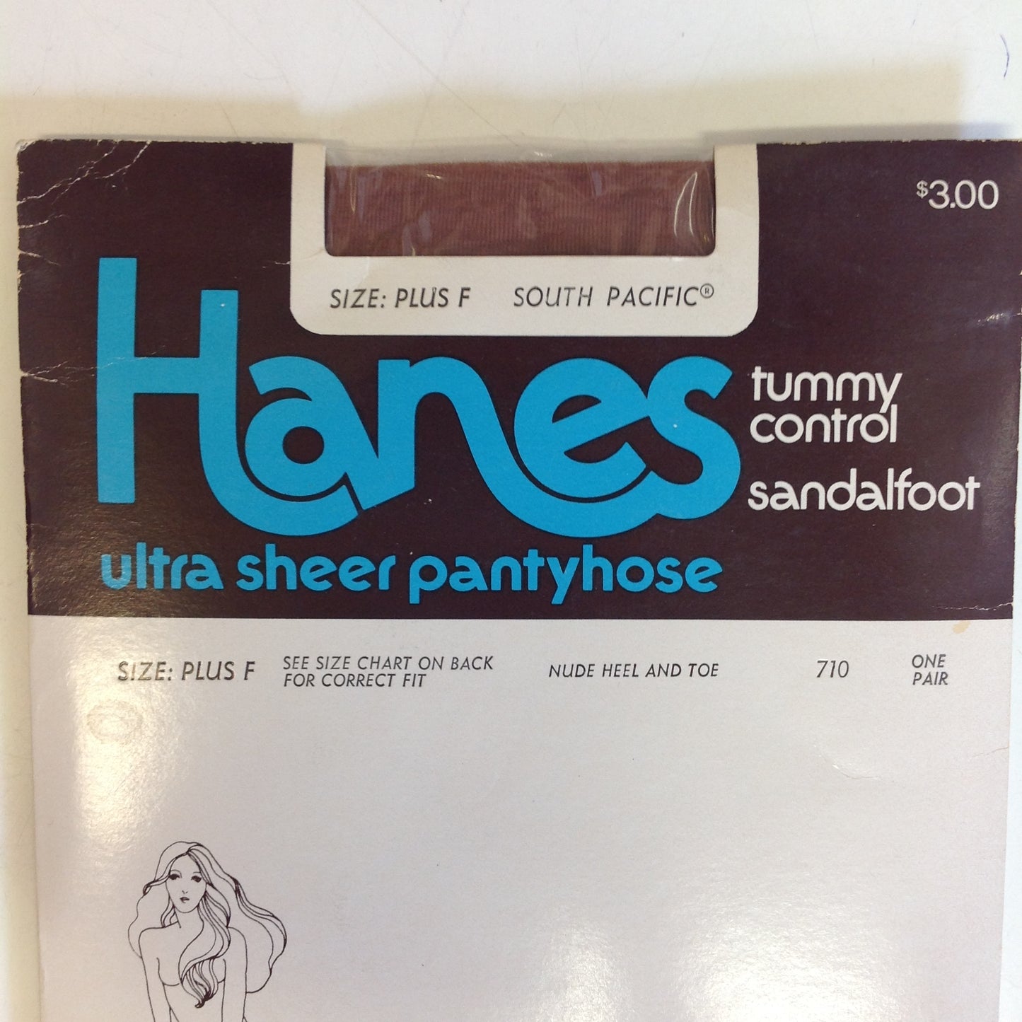 Vintage 1970's NOS Hanes Tummy Control Sandalfoot Ultra Sheer Pantyhose Plus F South Pacific Nude Heel and Toe