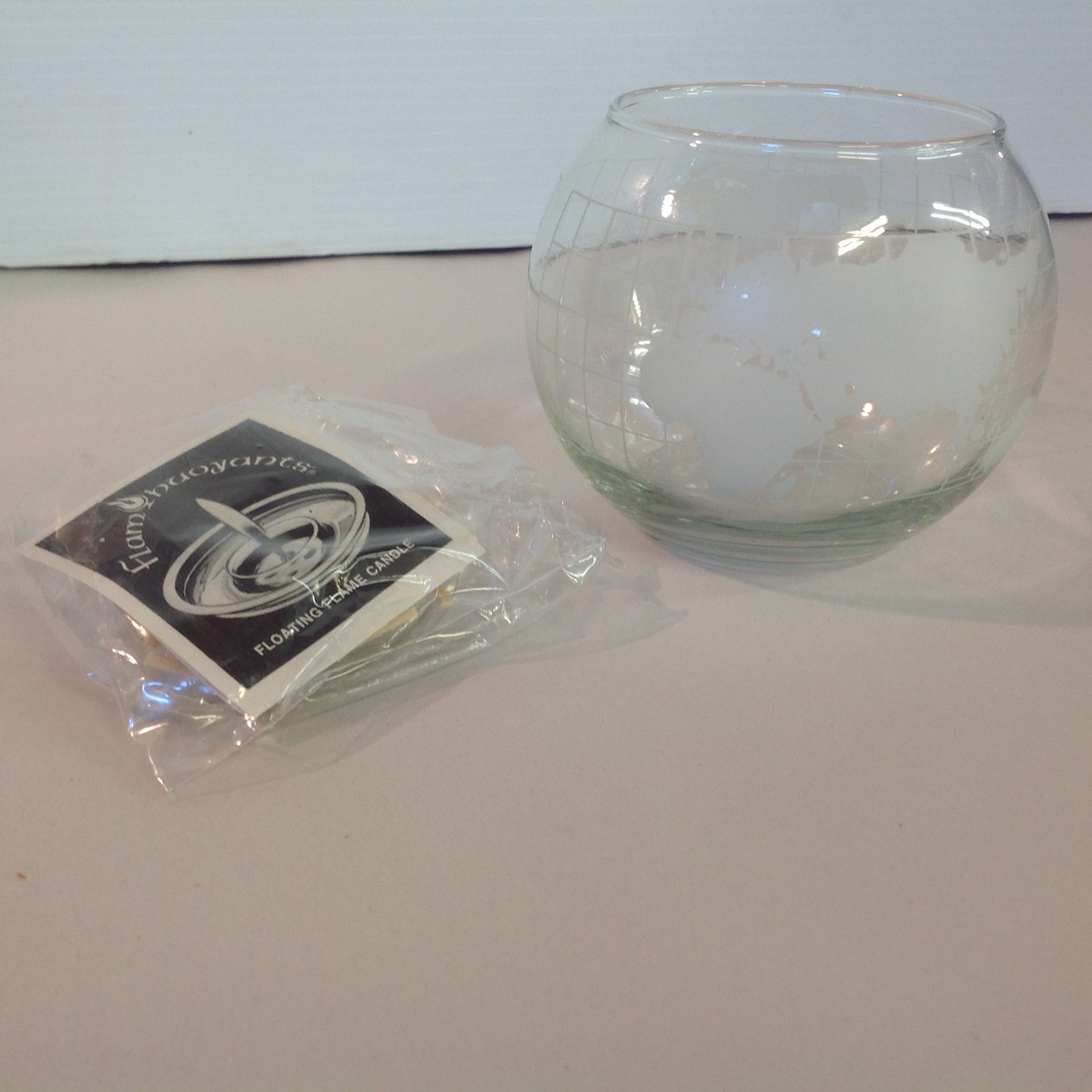Vintage 1979 NOS Flambuoyants Floating Flame Candle Glass Bowl White Globe Image