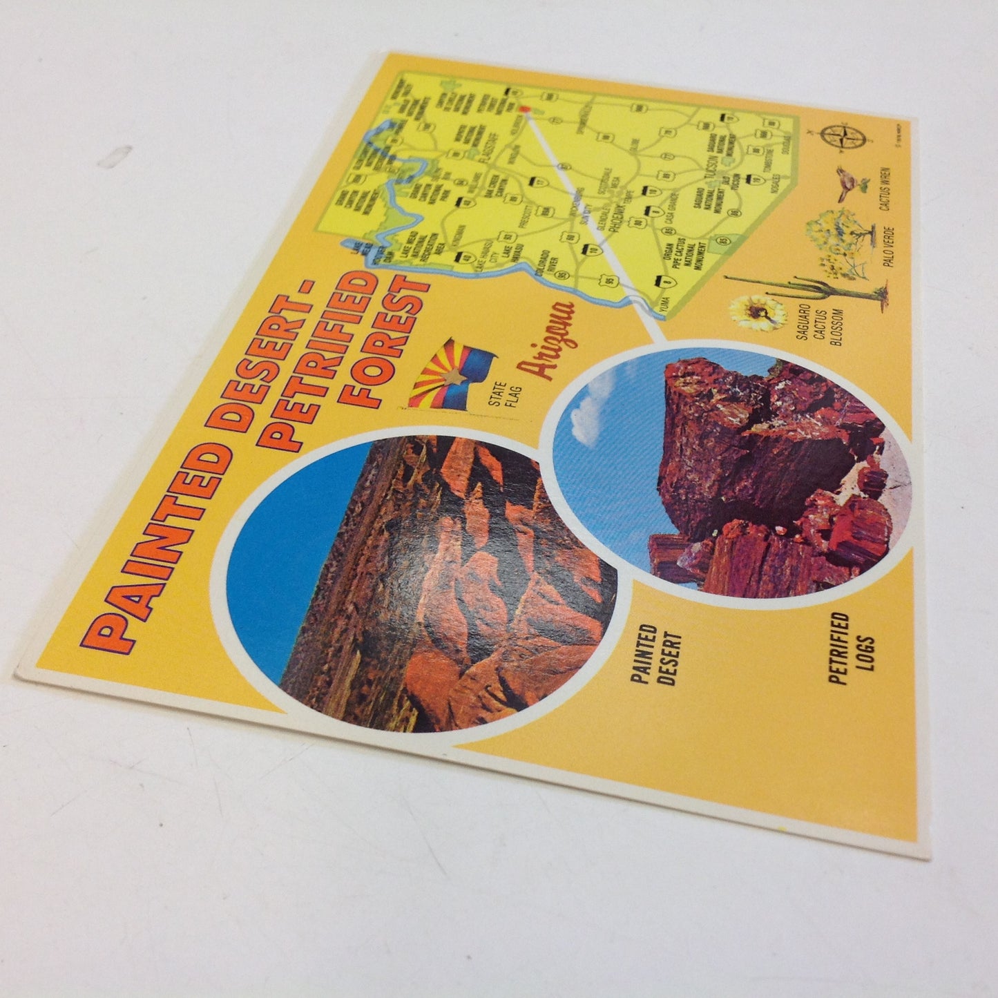 Vintage 1978 Petley Mini Print Souvenir Color Postcard State Map Petrified Logs Petrified Forest Painted Desert Bordering US 66 Arizona