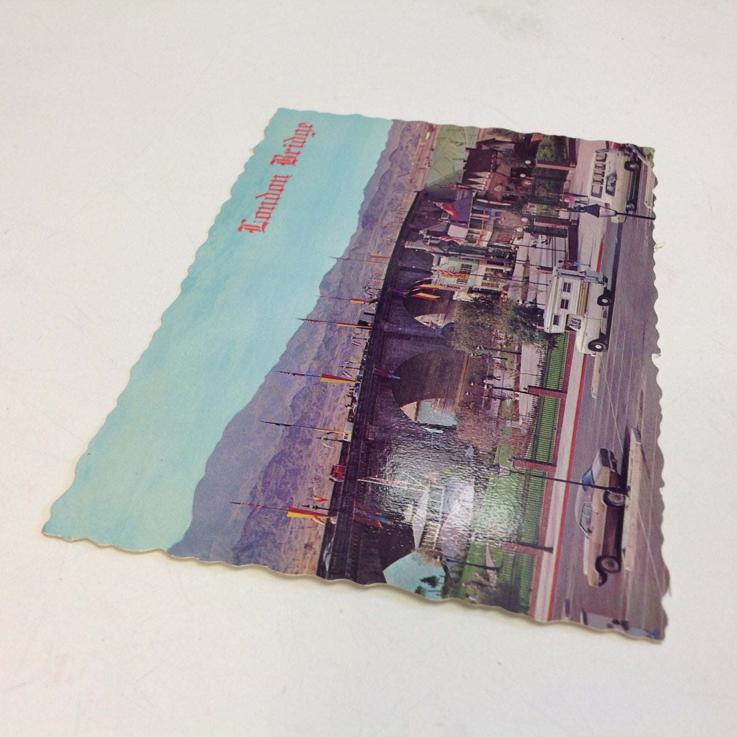 Vintage Petley Studios Souvenir Scalloped Edge Kolor View Color Postcard JV McLaughlin Photo Roadside View London Bridge and English Village Lake Havasu City Arizona