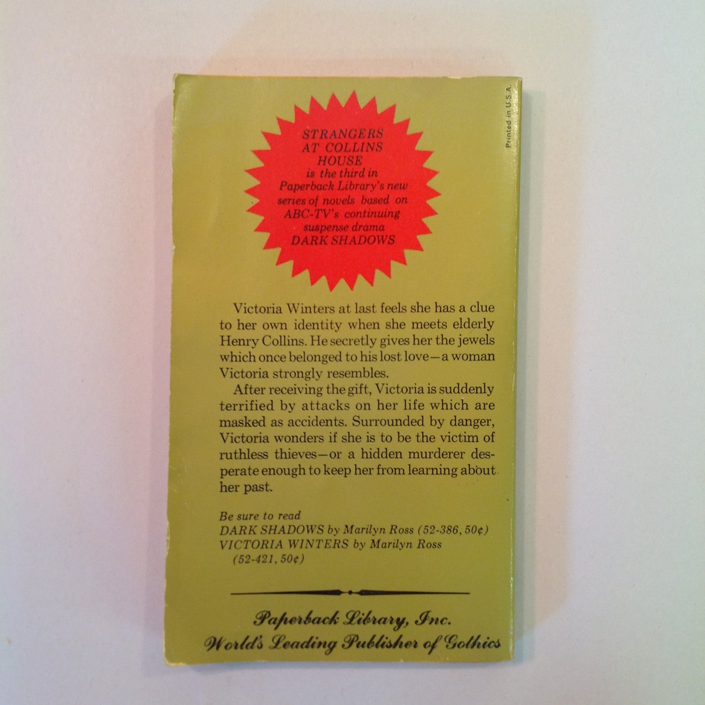 Vintage 1969 MM Paperback Strangers at Collins House Dark Shadows Series Marilyn Ross