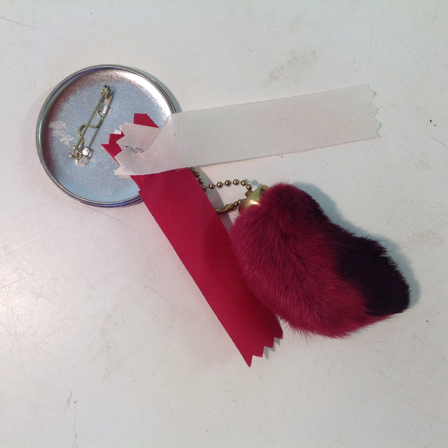 Vintage Michigan Panthers USFL Football Team Pinback with Ribbon and Maroon Rabbit Foot Flair