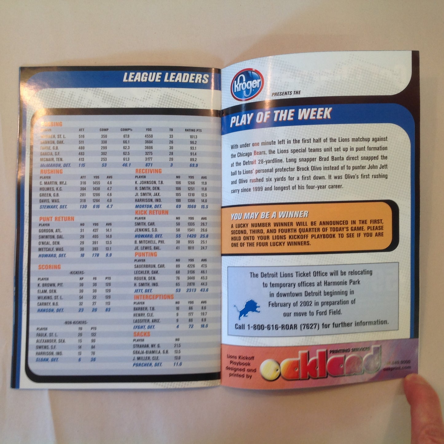 Vintage January 6 2002 Detroit Lions Presents: Kickoff Playbook Pontiac Silverdome 1975-2001 Lions Vs. Dallas Cowboys