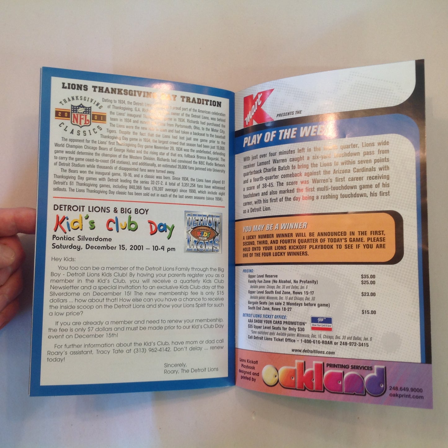 Vintage November 22 2001 Detroit Lions Presents: Kickoff Playbook Thanksgiving Classic Lions Vs. Green Bay Packers