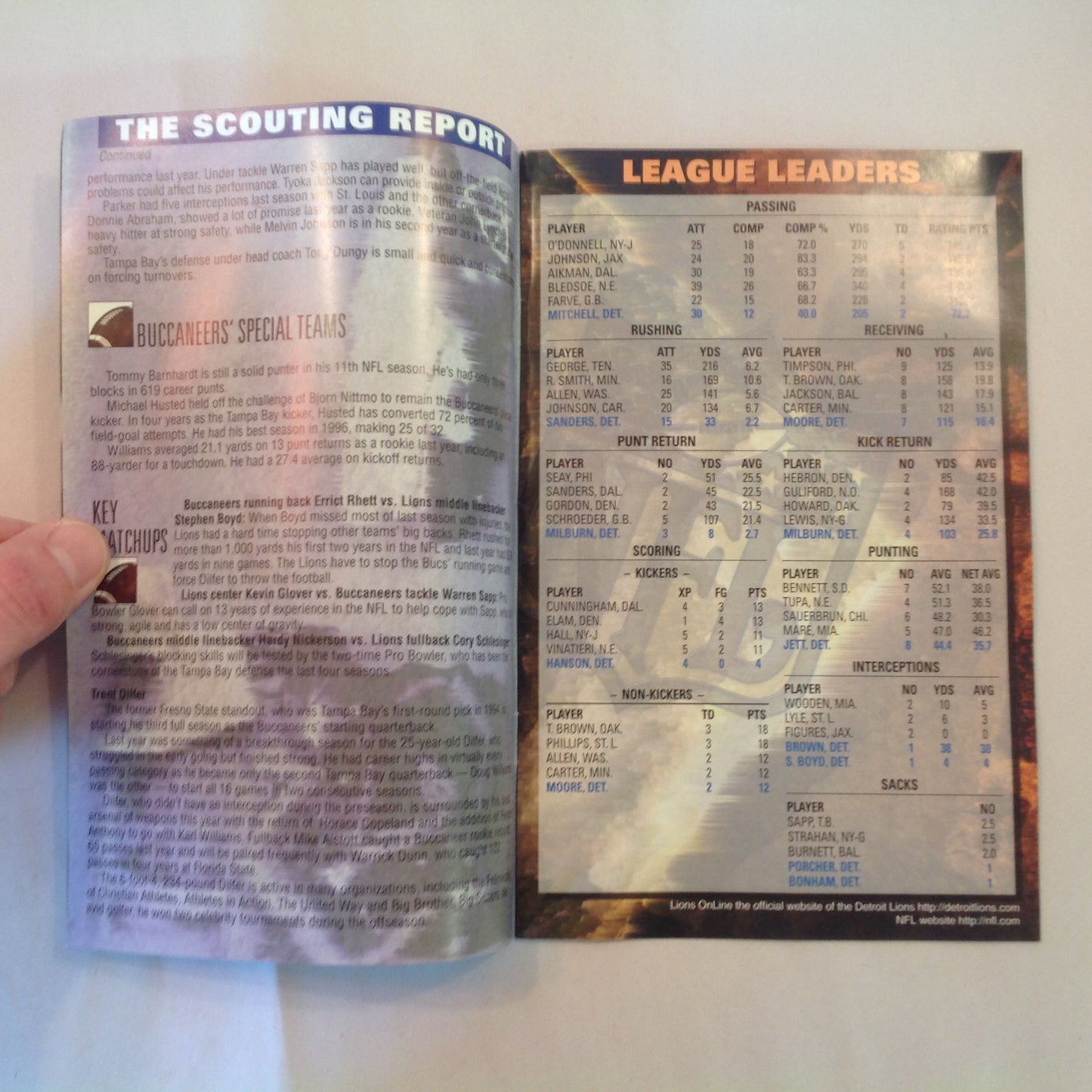 Vintage September 7 1997 Detroit Lions Presents: Kickoff Playbook Lions Vs. Tampa Bay Buccaneers