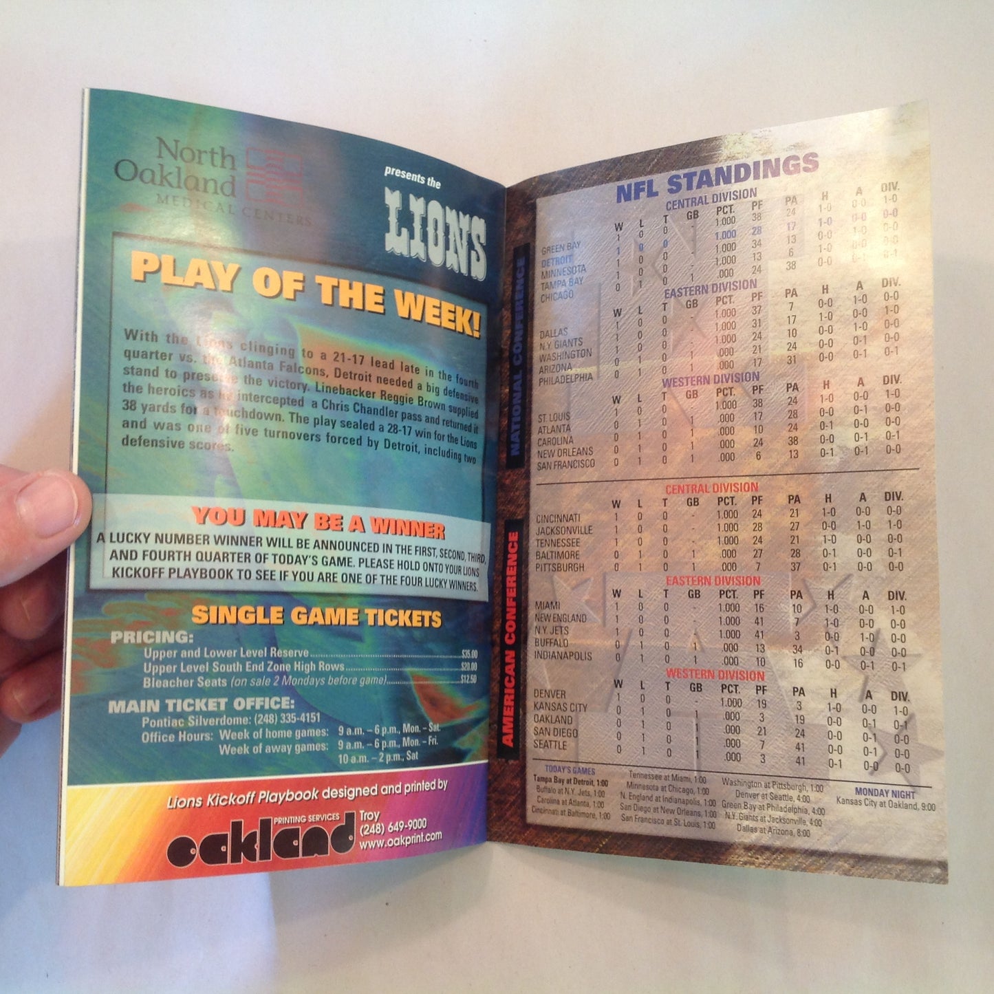 Vintage September 7 1997 Detroit Lions Presents: Kickoff Playbook Lions Vs. Tampa Bay Buccaneers