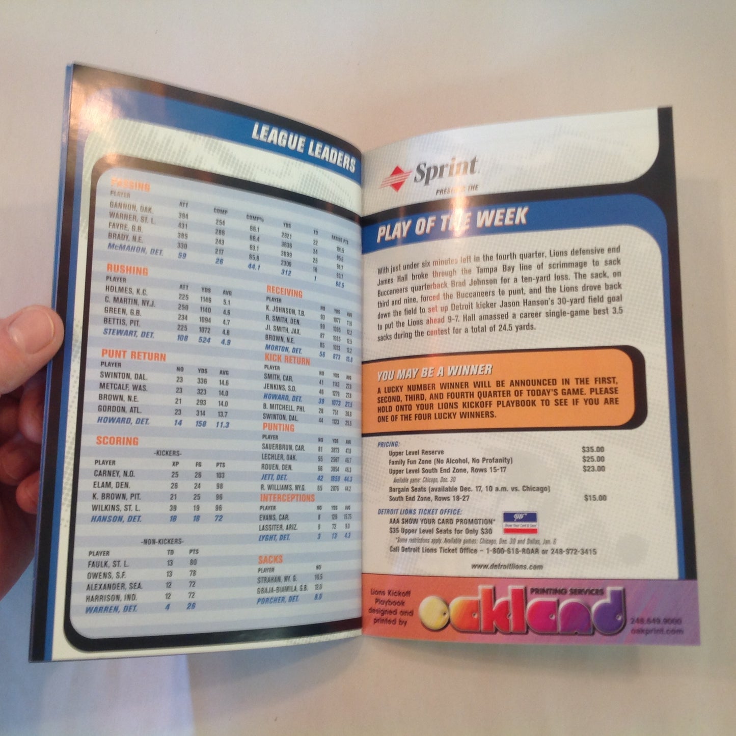 Vintage December 16 2001 Detroit Lions Presents: Kickoff Playbook Lions Vs. Minnesota Vikings