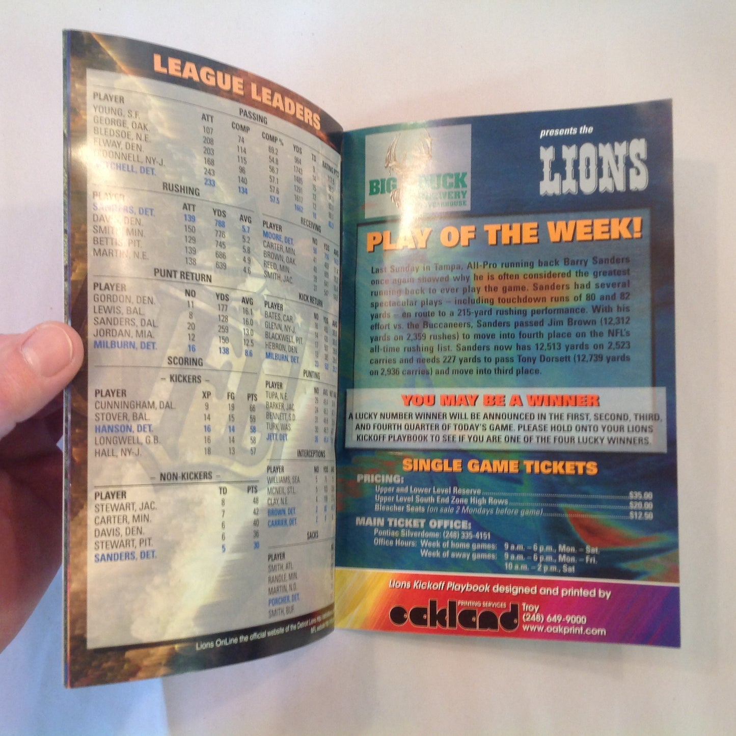 Vintage October 19 1997 Detroit Lions Presents: Kickoff Playbook Lions Vs. New York Giants