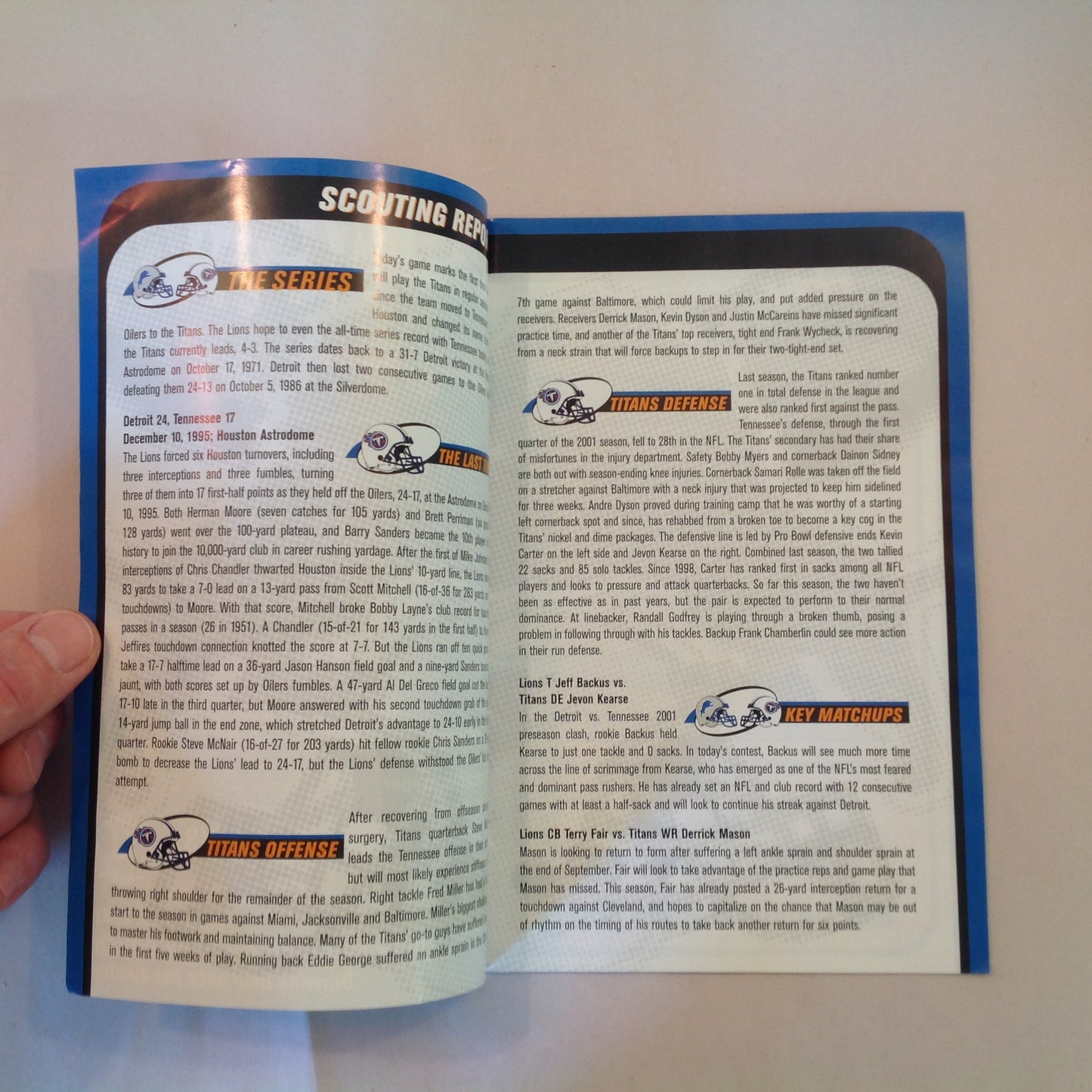 Vintage October 21 2001 Detroit Lions Presents: Kickoff Playbook Lions Vs. Tennessee Titans