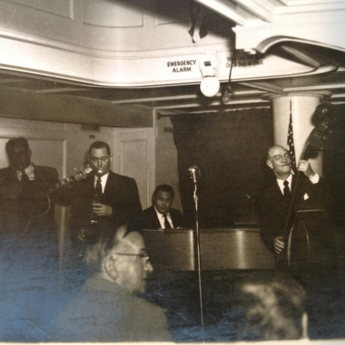 Vintage Mid Century B&W Photo SS South American Cruise Show The Band Plays While Boy Looks On