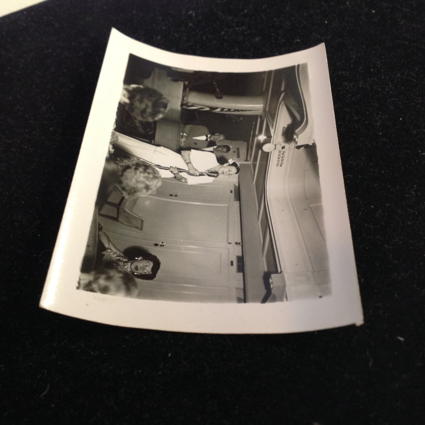 Vintage Mid Century B&W Photo SS South American Cruise Show Lady Emcee at the Mic