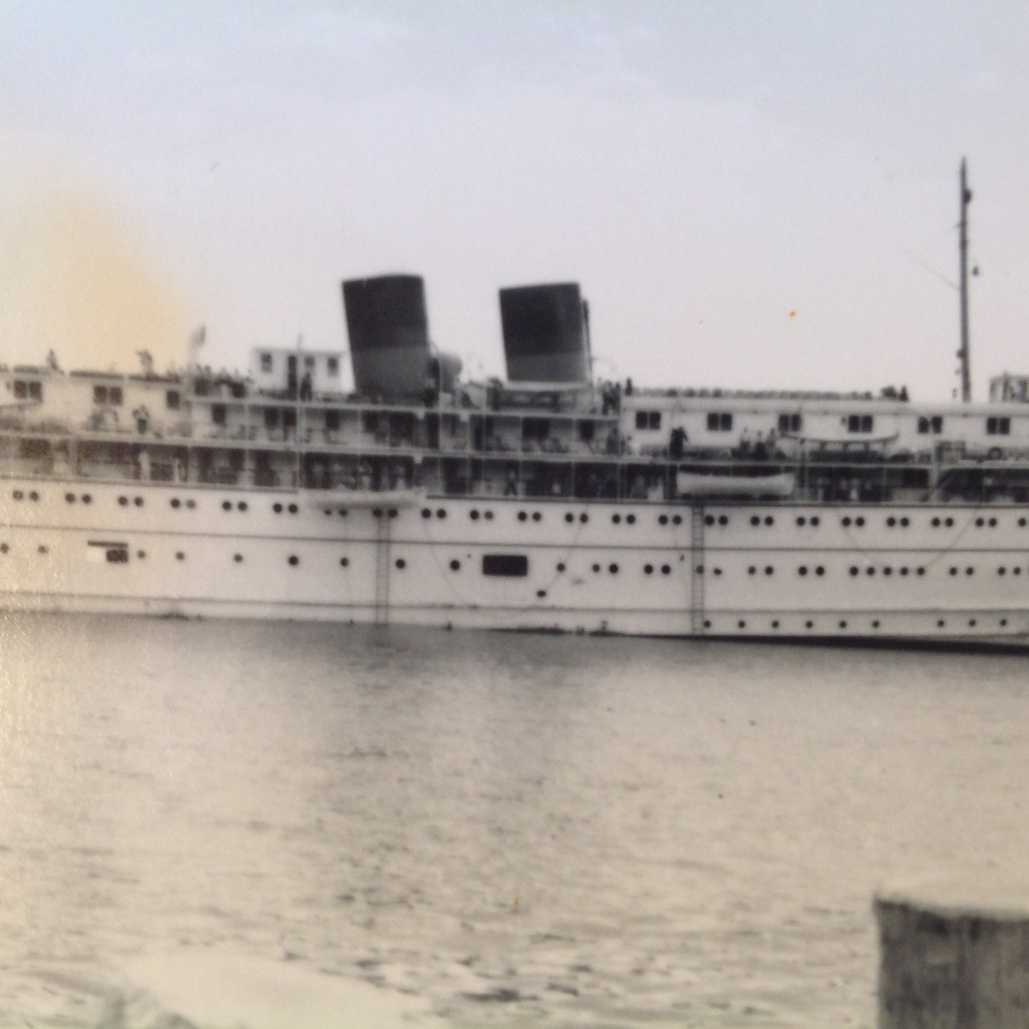Vintage Mid Century B&W Photo SS South American Cruise Exterior Shot Ship Portside Passing the Pilings