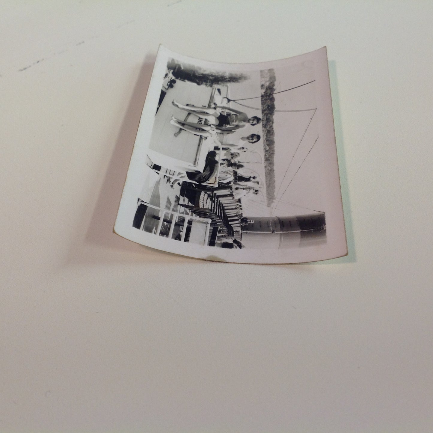 Vintage Mid Century B&W Photo SS South American Cruise Exterior Shot Lady Couple Barefoot on the Upper Deck