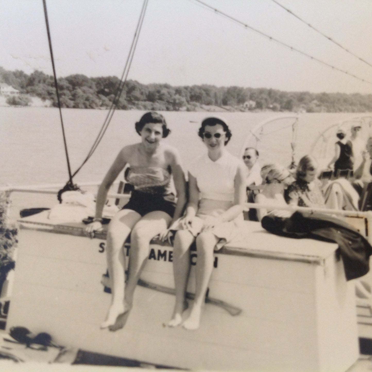 Vintage Mid Century B&W Photo SS South American Cruise Exterior Shot Lady Couple Barefoot on the Upper Deck