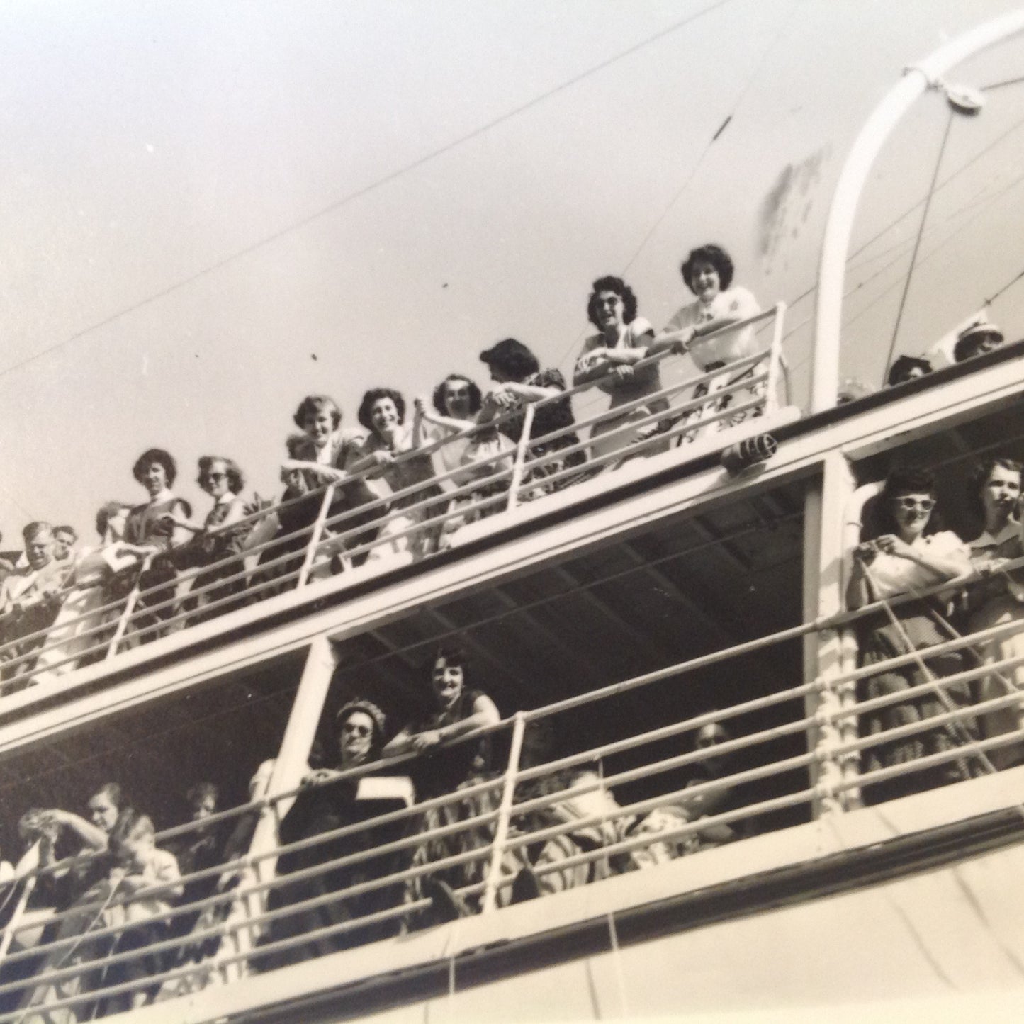 Vintage Mid Century B&W Photo SS South American Cruise Exterior Shot Passengers at Rail with Streamers as Ship Sails