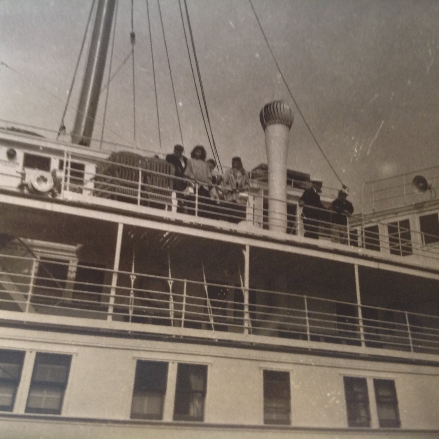 Vintage Mid Century B&W Photo SS South American Cruise Exterior Shot Passengers on the Upper Deck with Captain and Mate