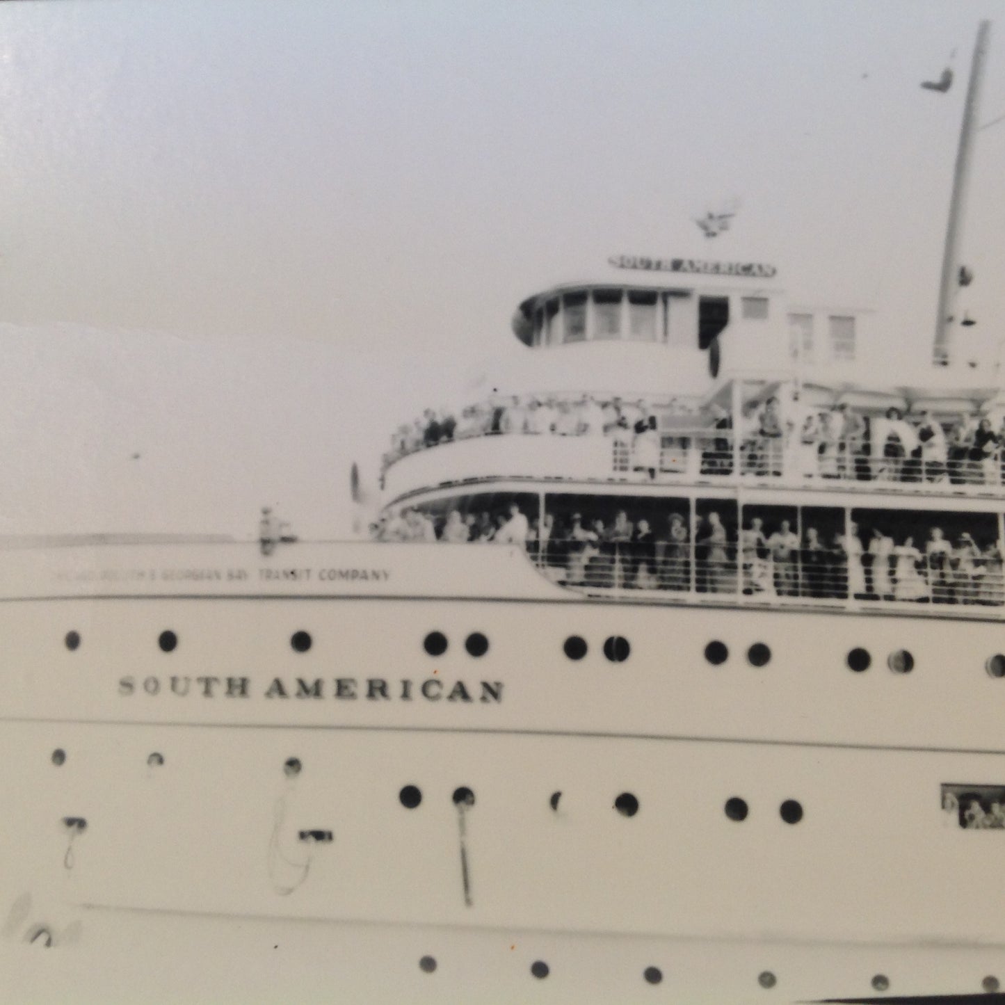 Vintage Mid Century B&W Photo SS South American Cruise Exterior Shot Ship Passenger Crowd on Upper Decks at Departure