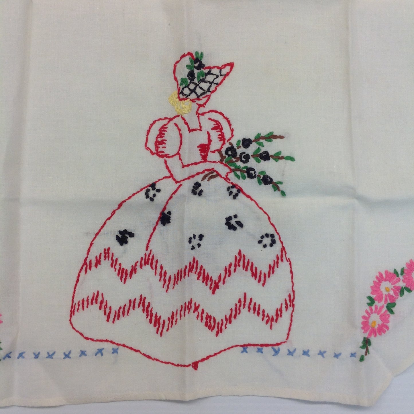 Vintage 1960's White Organza Apron with Embroidered Flowers and Maiden