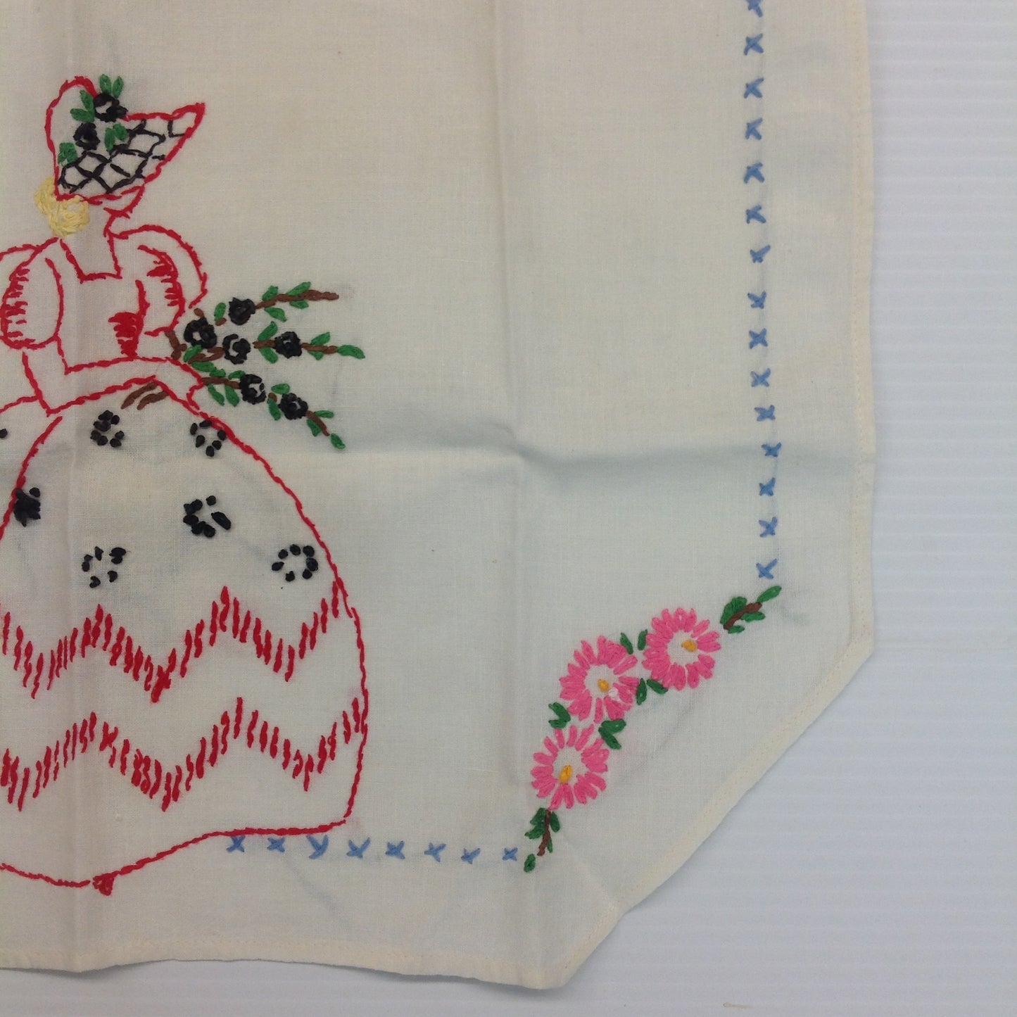 Vintage 1960's White Organza Apron with Embroidered Flowers and Maiden