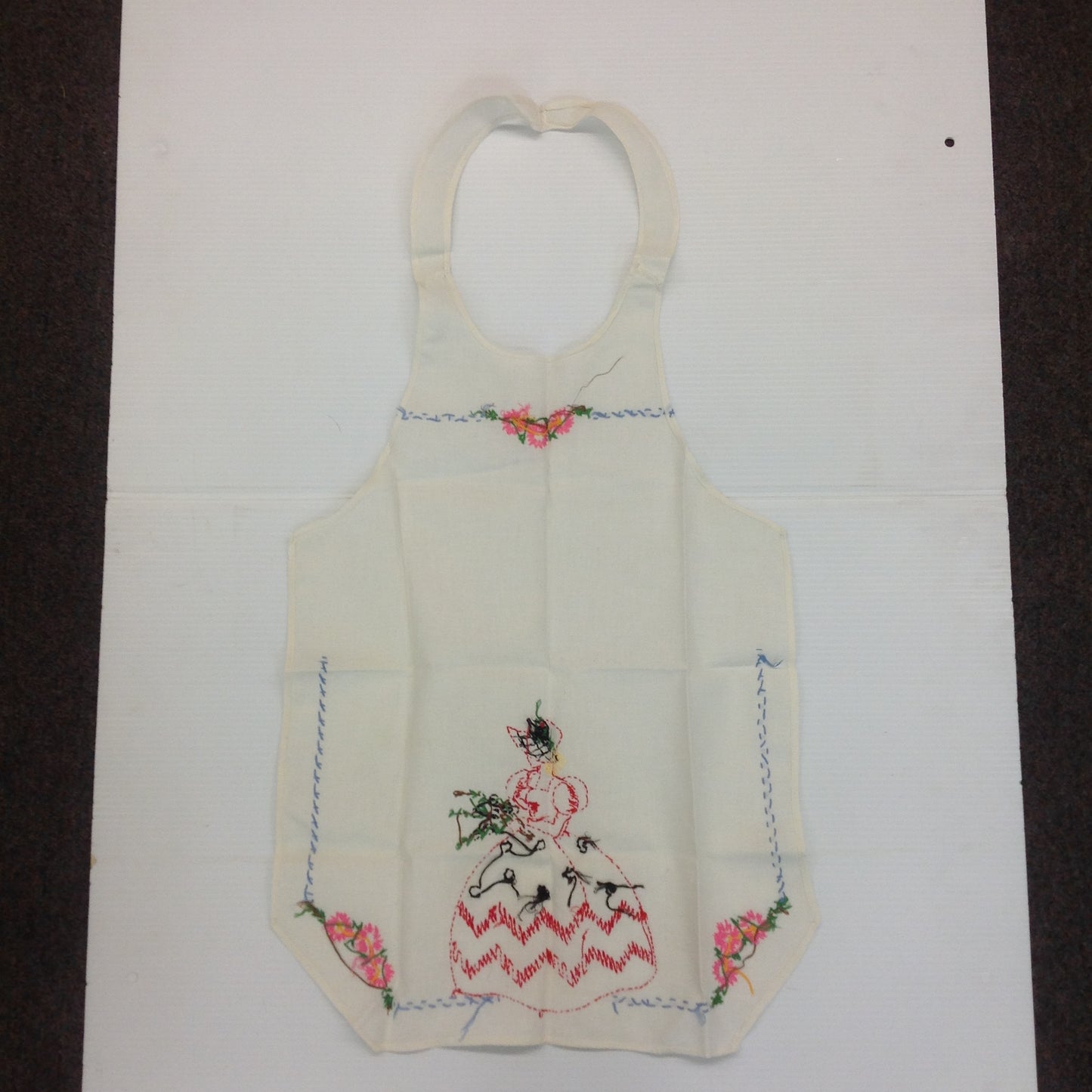 Vintage 1960's White Organza Apron with Embroidered Flowers and Maiden