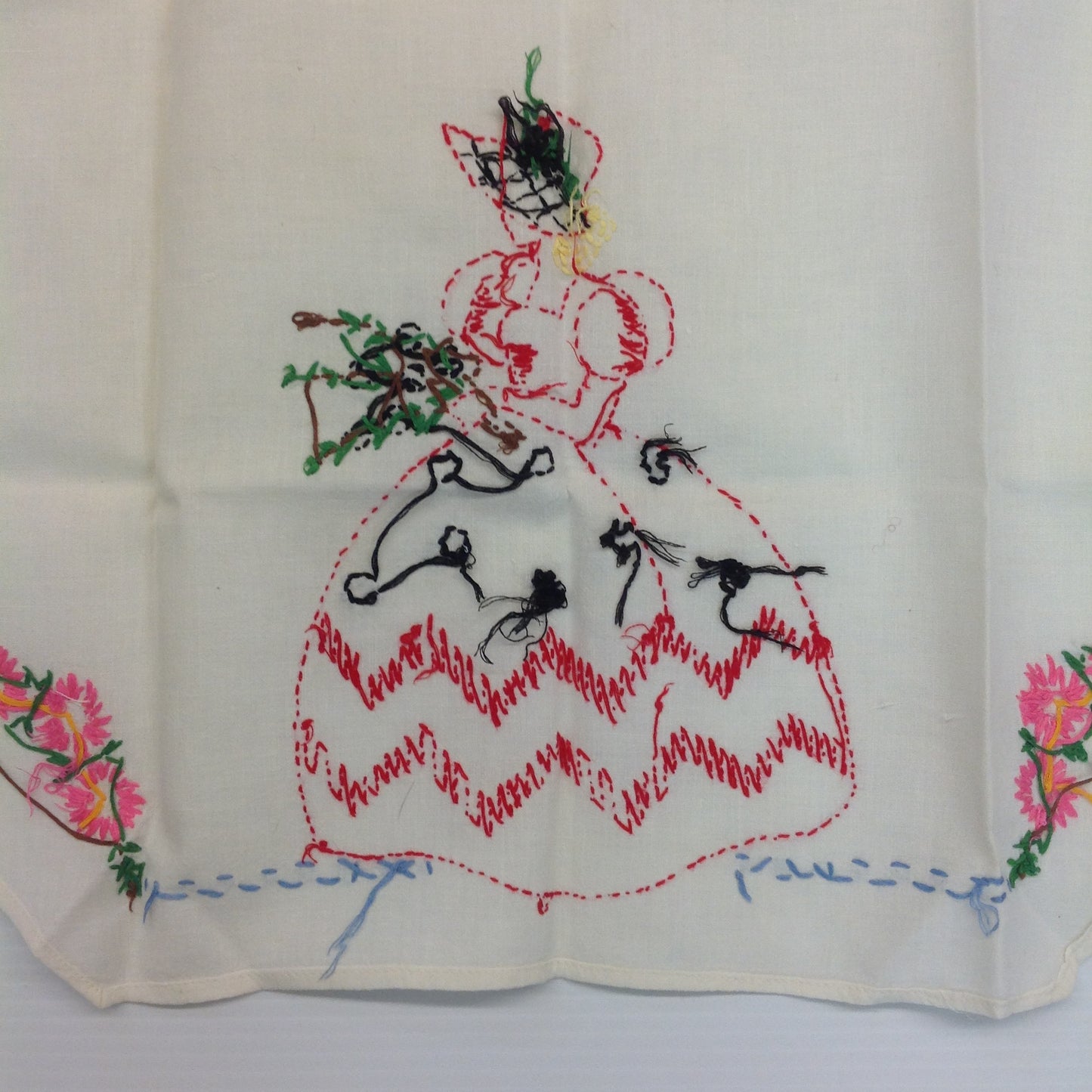 Vintage 1960's White Organza Apron with Embroidered Flowers and Maiden
