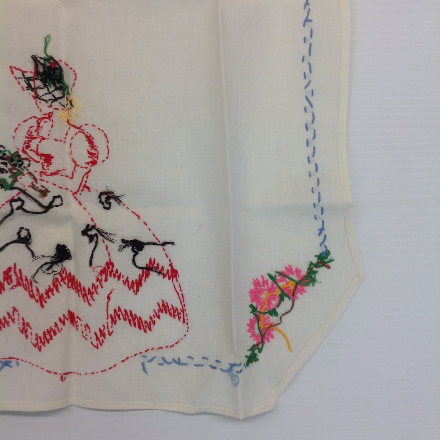 Vintage 1960's White Organza Apron with Embroidered Flowers and Maiden