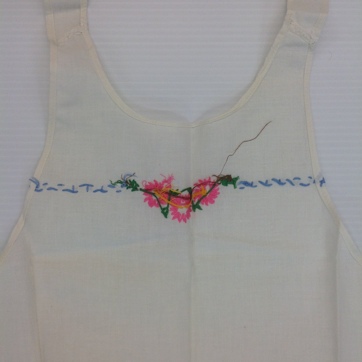 Vintage 1960's White Organza Apron with Embroidered Flowers and Maiden